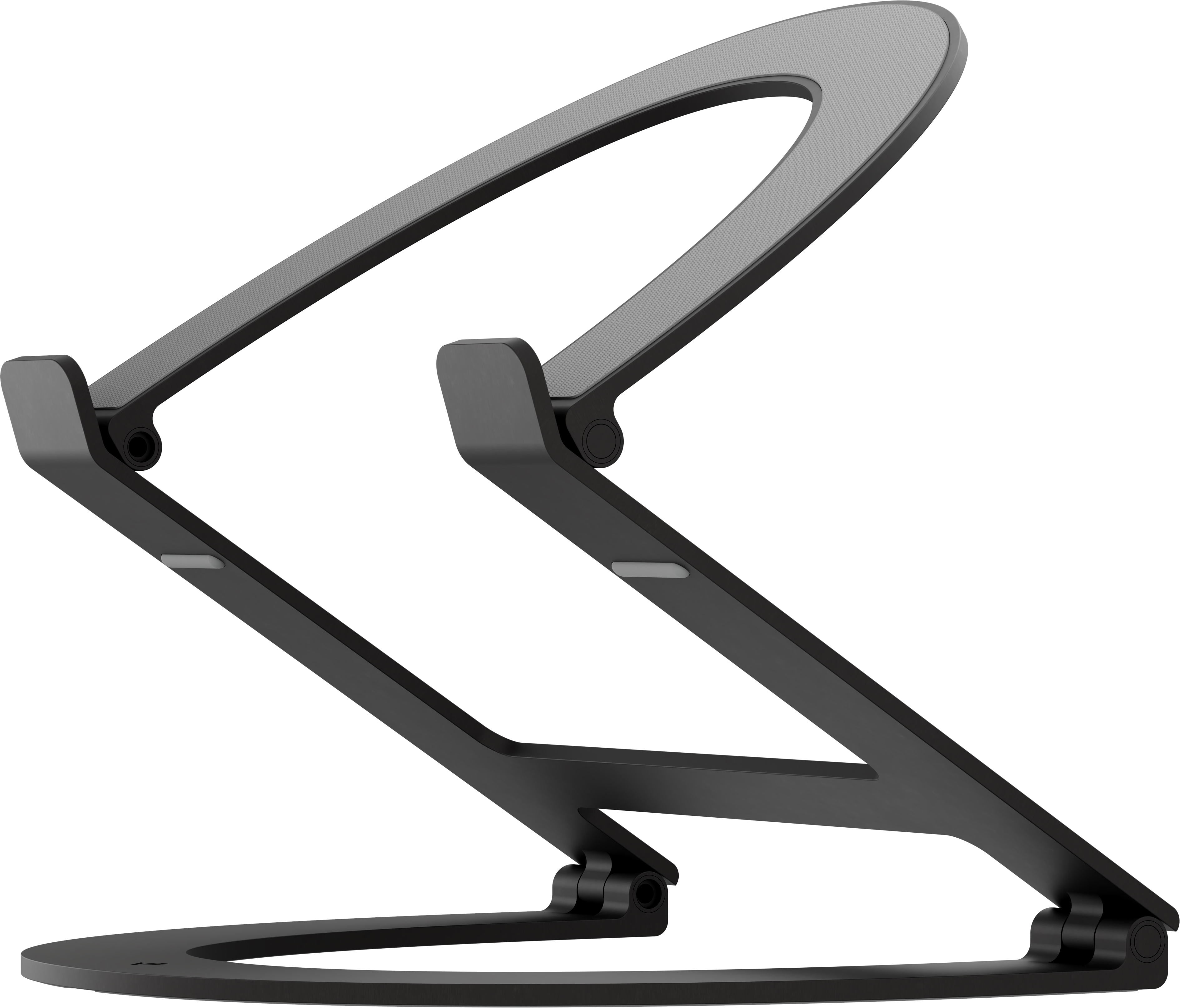 Ein schwarzer Laptop-Ständer vor weißem Hintergrund. Er hat ein gebogenes Design und ist faltbar.