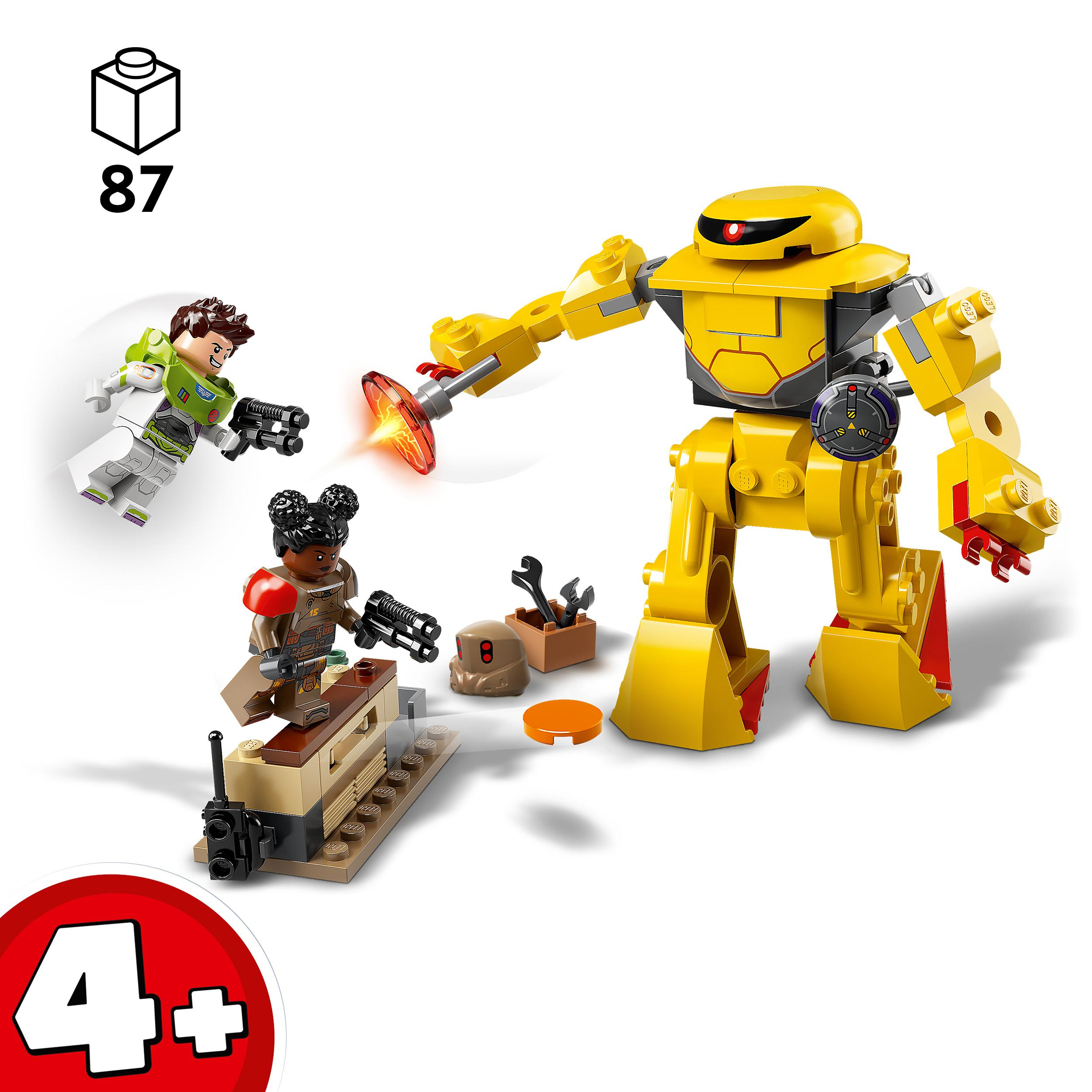 Ein LEGO-Set mit Minifiguren und einem gelben Roboter, der in einer Spielszene interagiert.