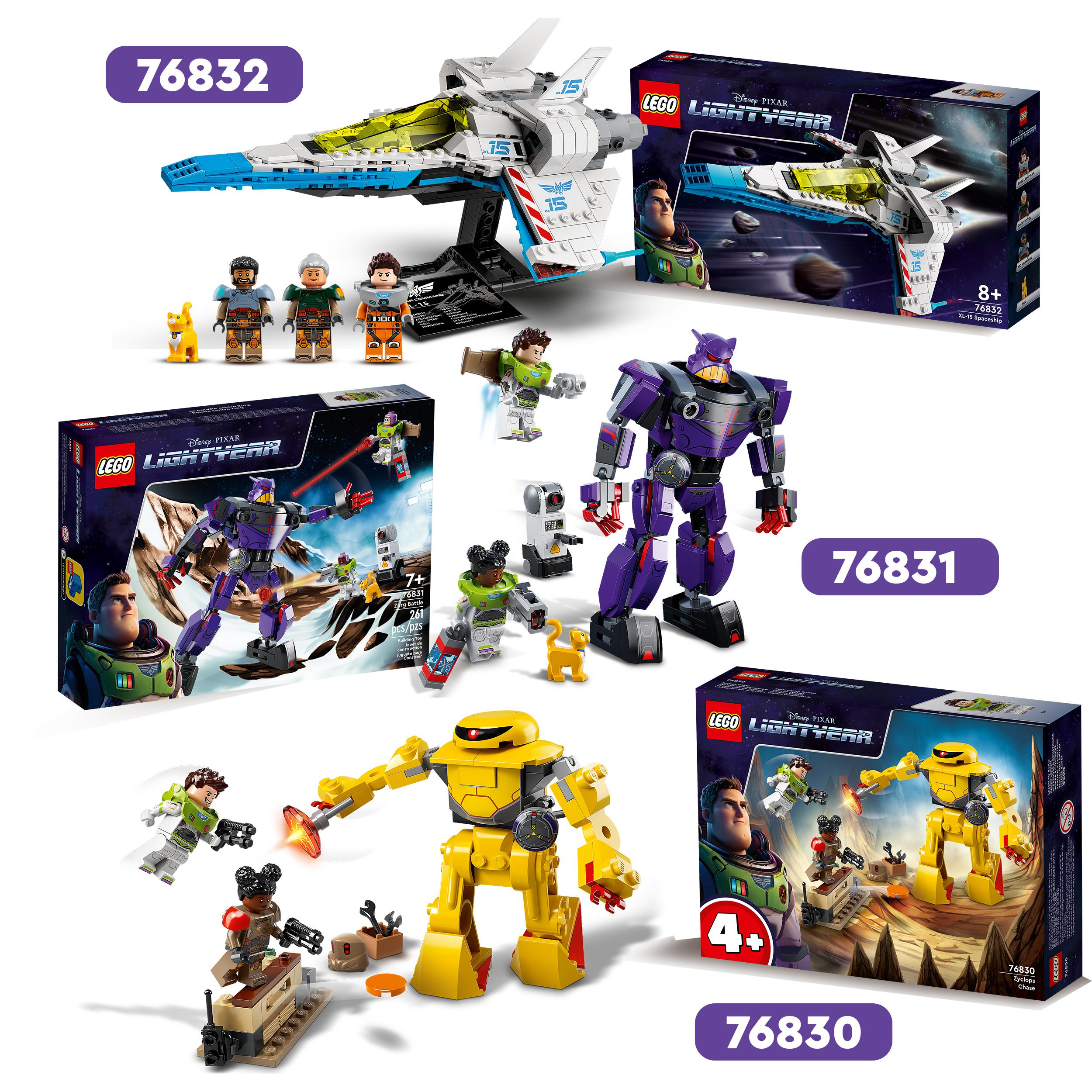 LEGO Lightyear Sets: Raumschiff mit Figuren, ein Roboter und ein Box-Set.