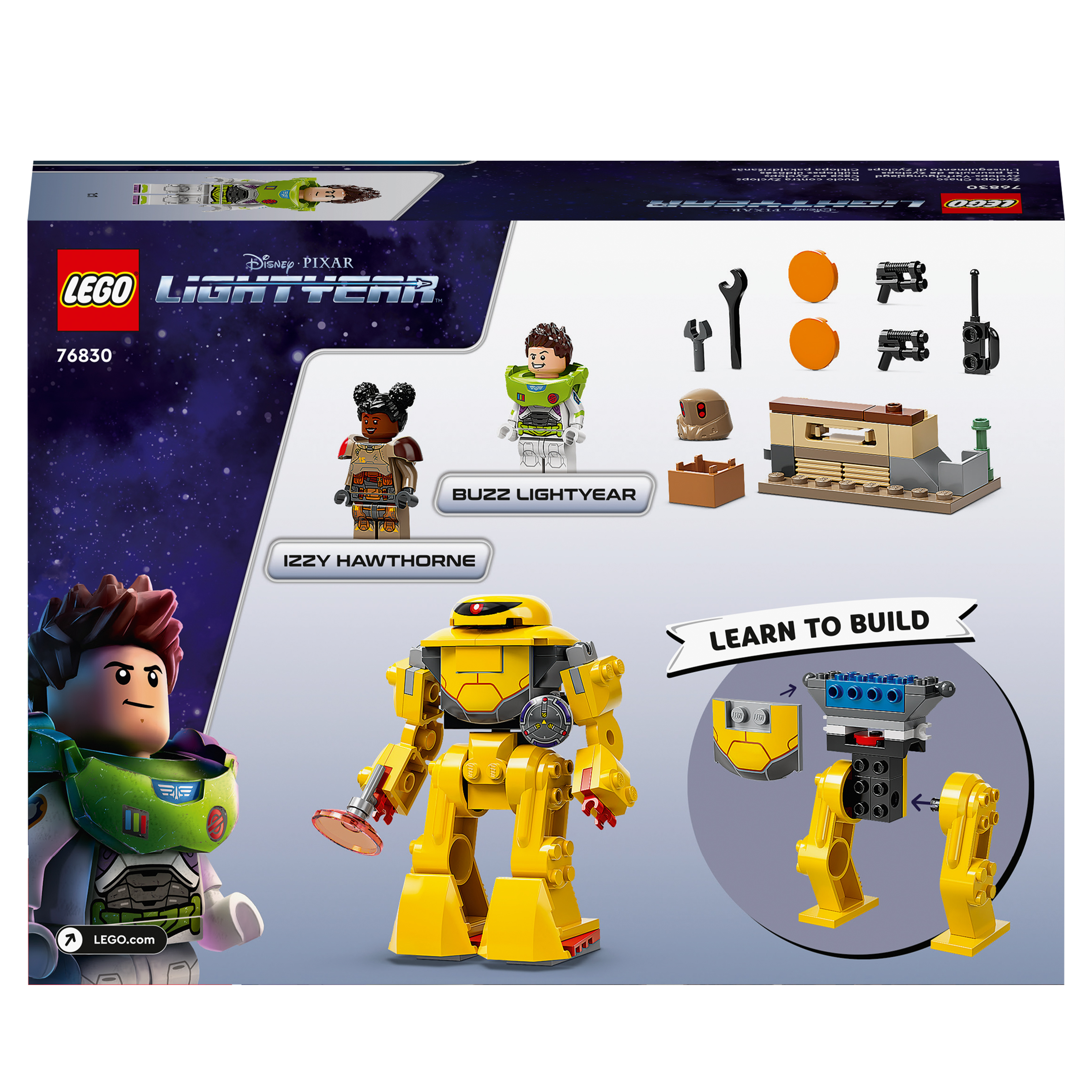 LEGO Lightyear Box mit Minifiguren und gelbem Roboter-Spielzeug.
