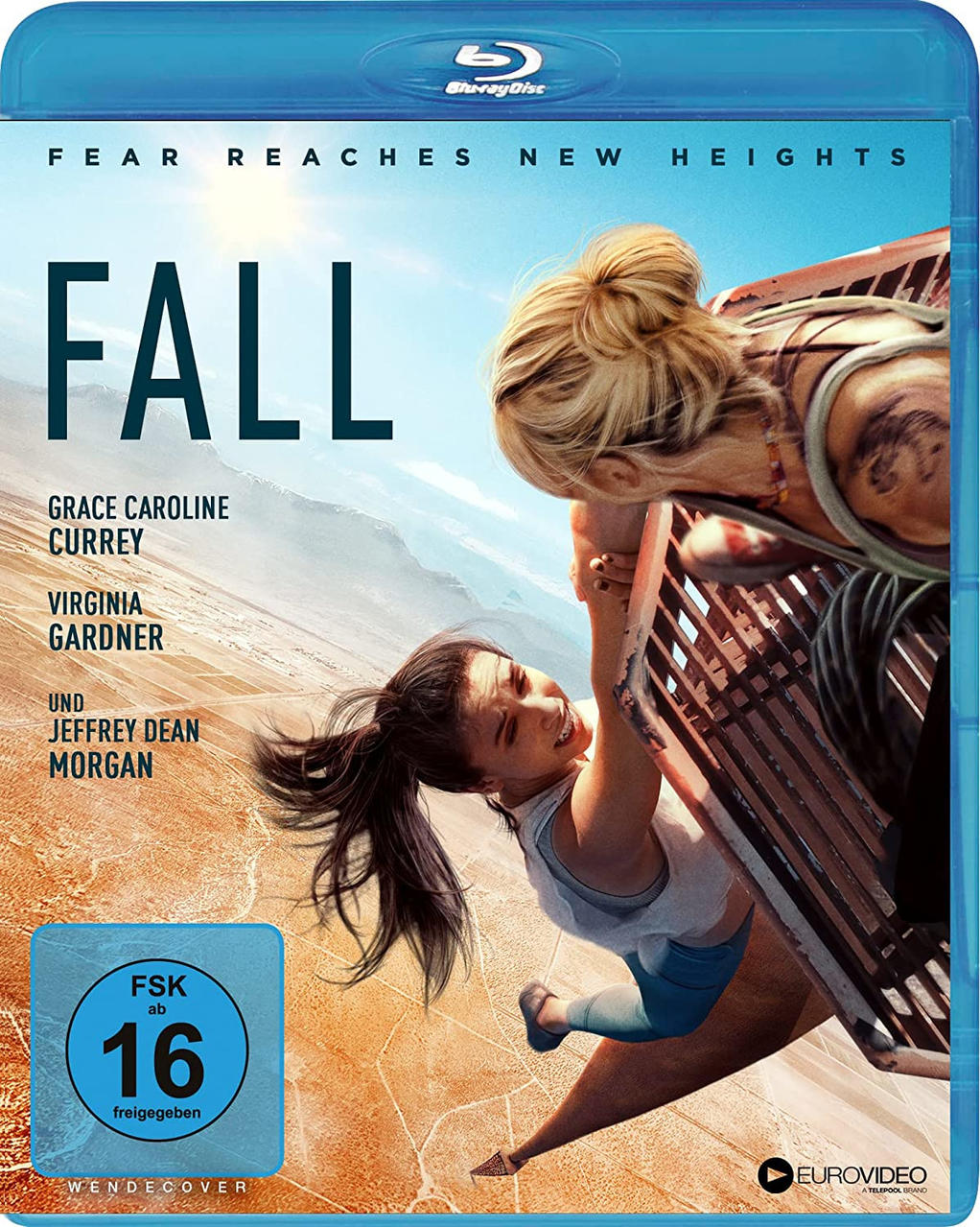 Filmcover: Zwei Frauen hängen an einer hohen Struktur, mit dem Text 'Fall'.