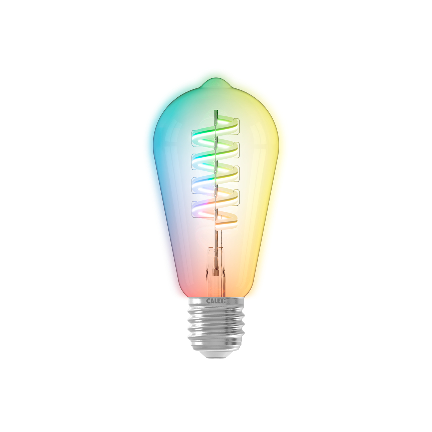 A colorful light bulb against a white background. The bulb has a spiral filament and rainbow colors.
