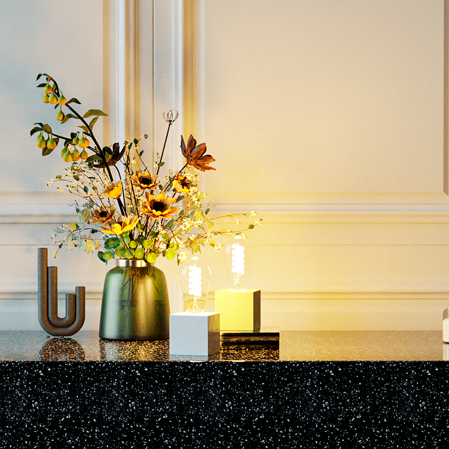 A vase with flowers and two light bulbs on a black speckled surface. White wall in the background.