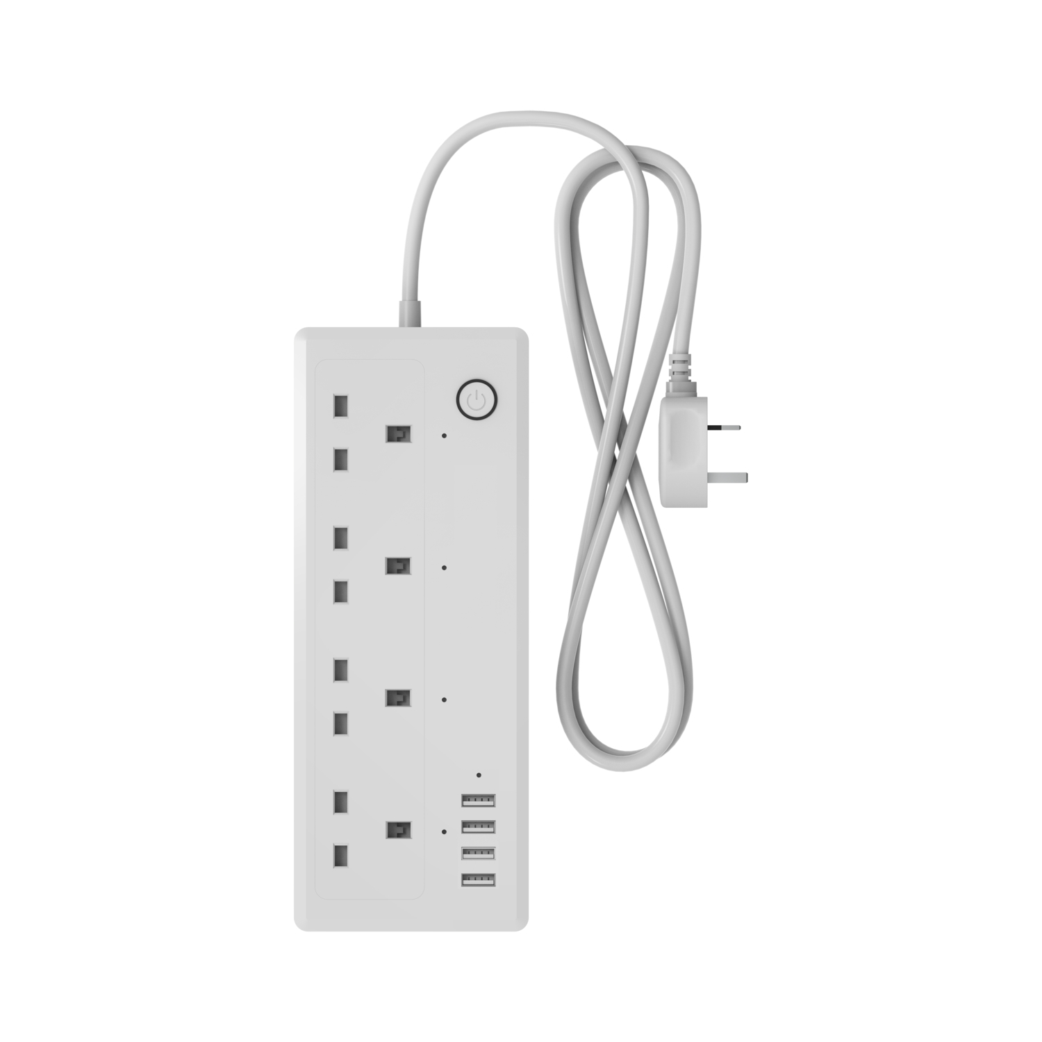 A white power strip with multiple outlets, USB ports and a plug.