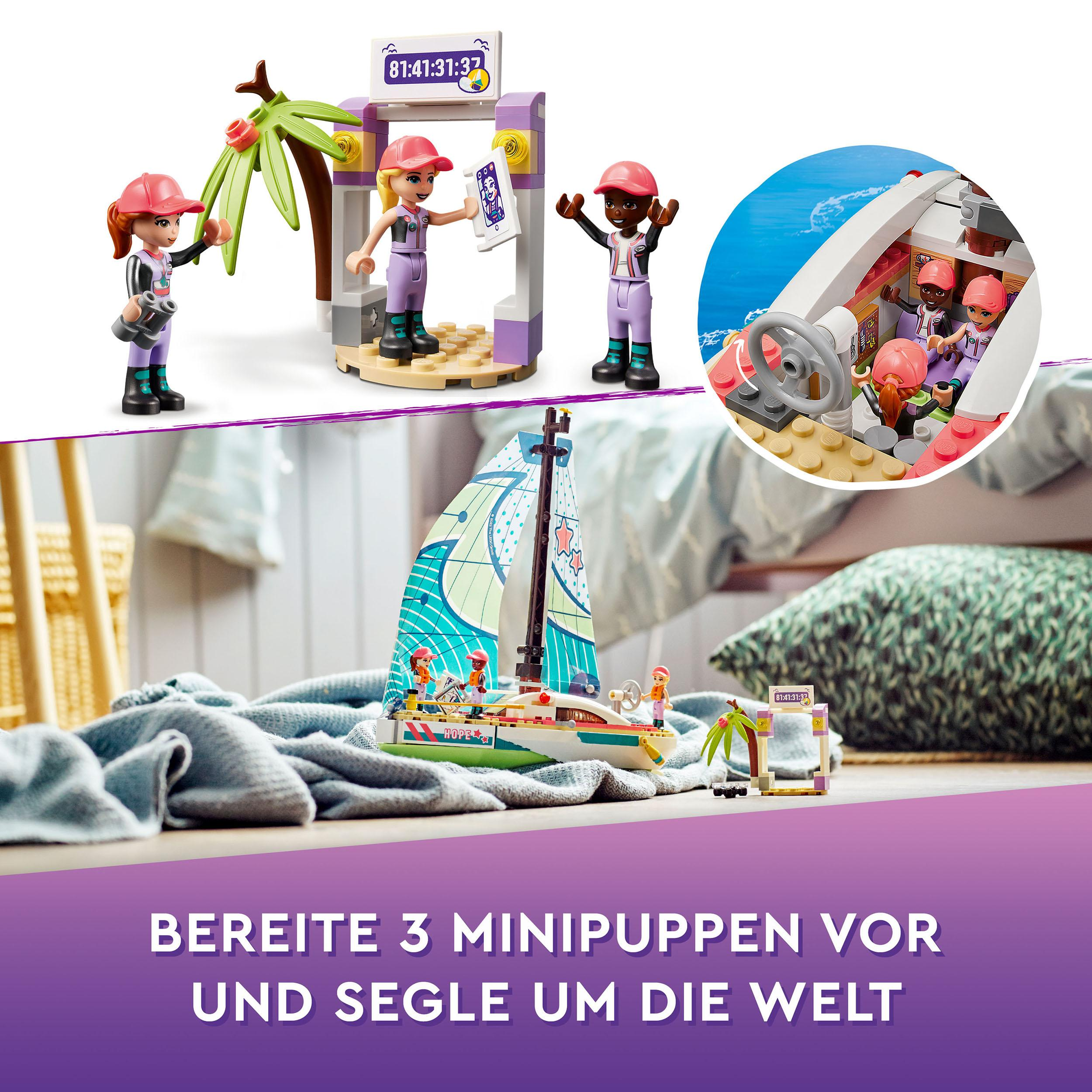 Lego-Set mit Miniaturfiguren auf einem Boot und um einen Stand herum. Text unten.