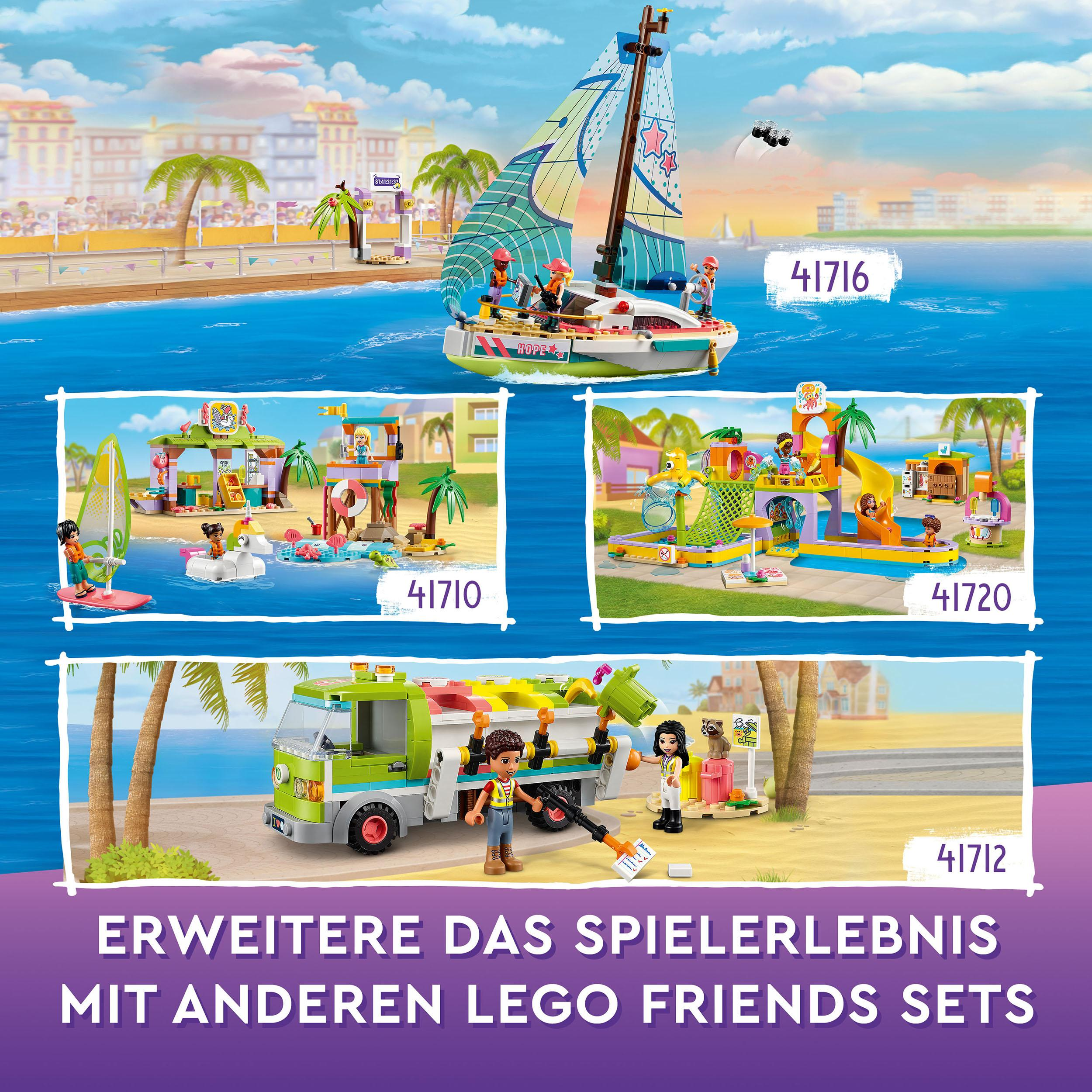 Verschiedene Lego Friends Sets mit verschiedenen Szenen, darunter ein Segelboot, ein Strand und ein Foodtruck.