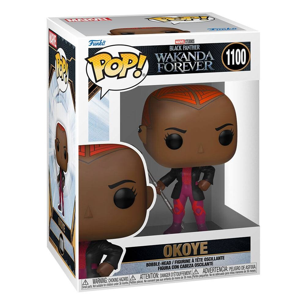 Figura Funko Pop: Okoye de Black Panther, en caja, dos vistas de la figura.