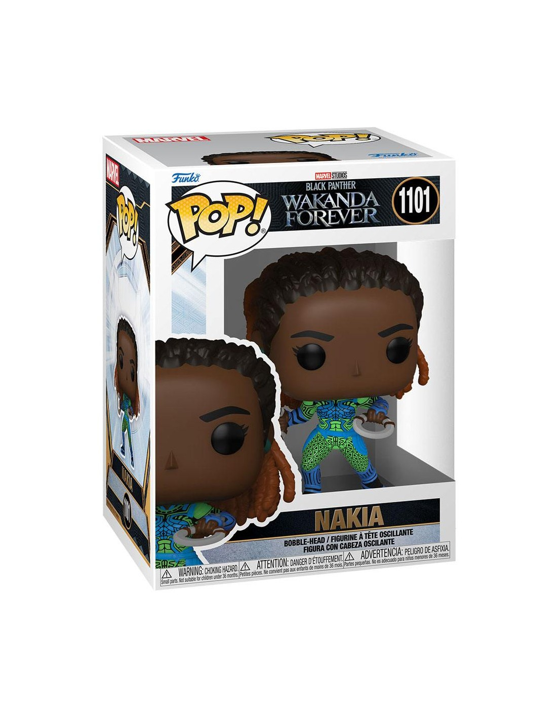 Una figura Funko Pop de Nakia de Black Panther: Wakanda Forever, en una caja.