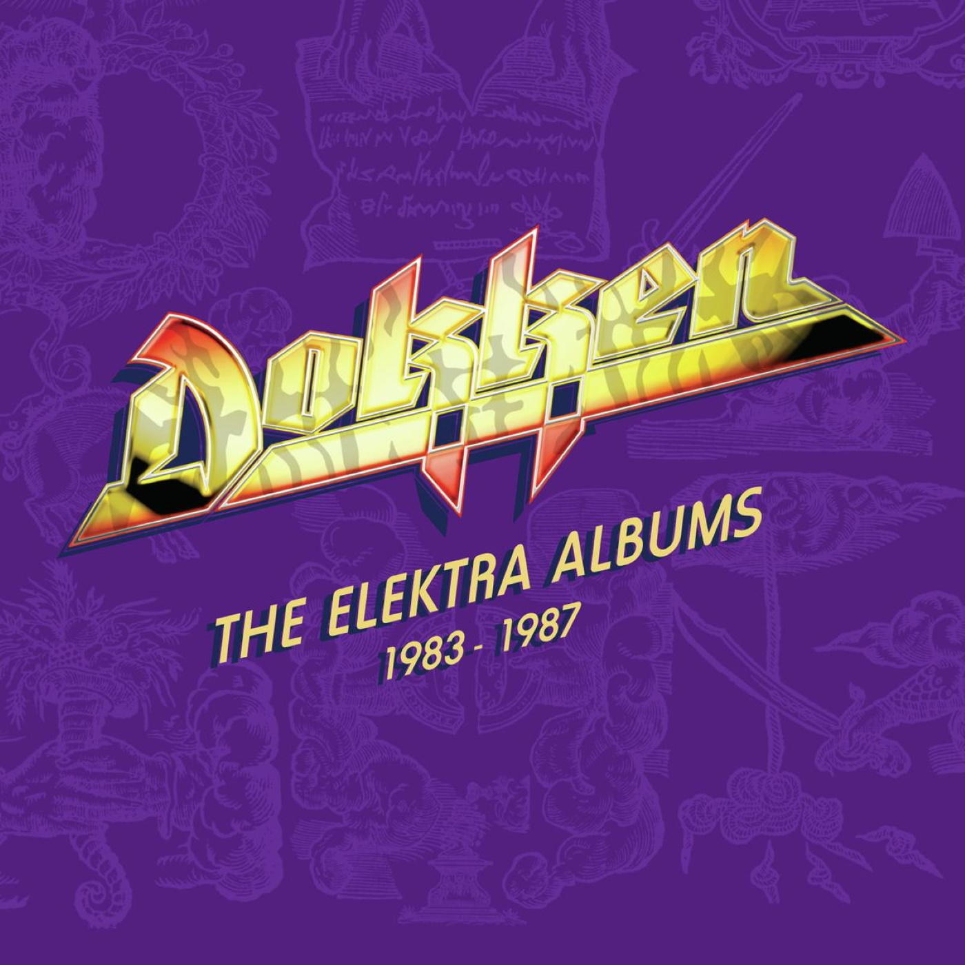 Dokken album borító: The Elektra Albums 1983-1987. Lila háttér arany logóval és címmel.