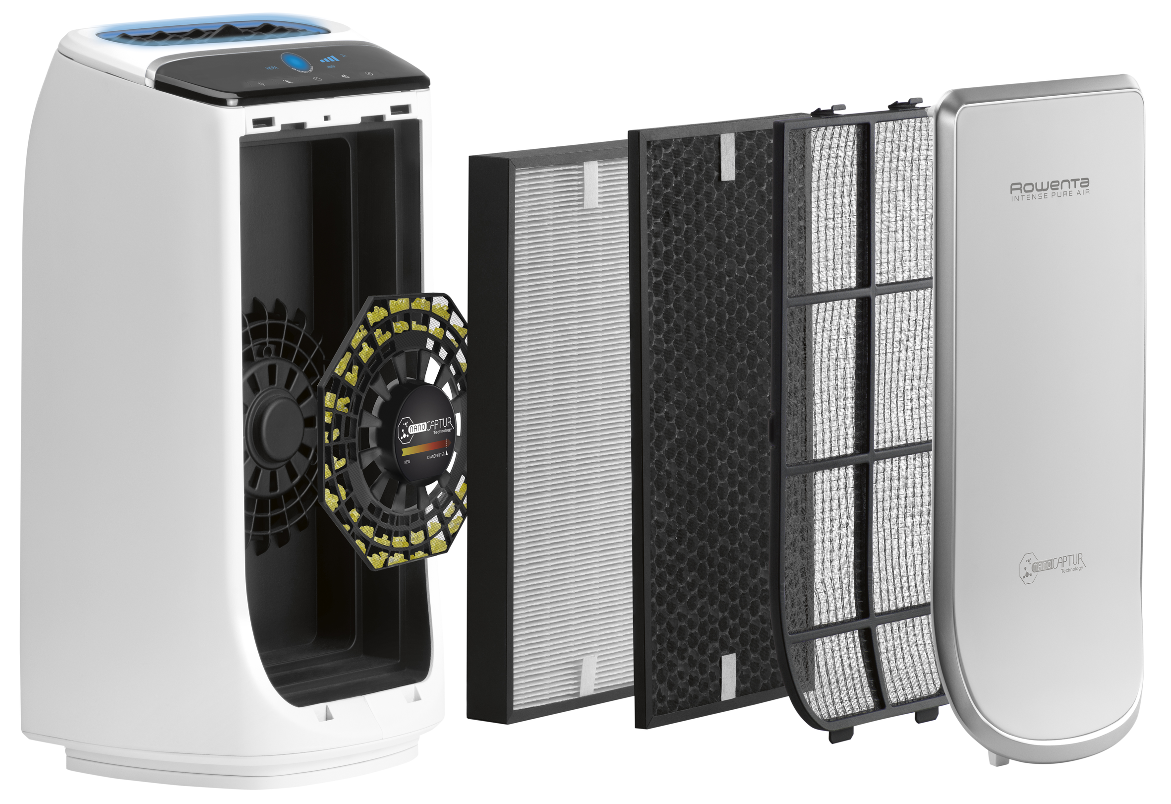 Vista explosionada de un purificador de aire mostrando filtros y ventilador.