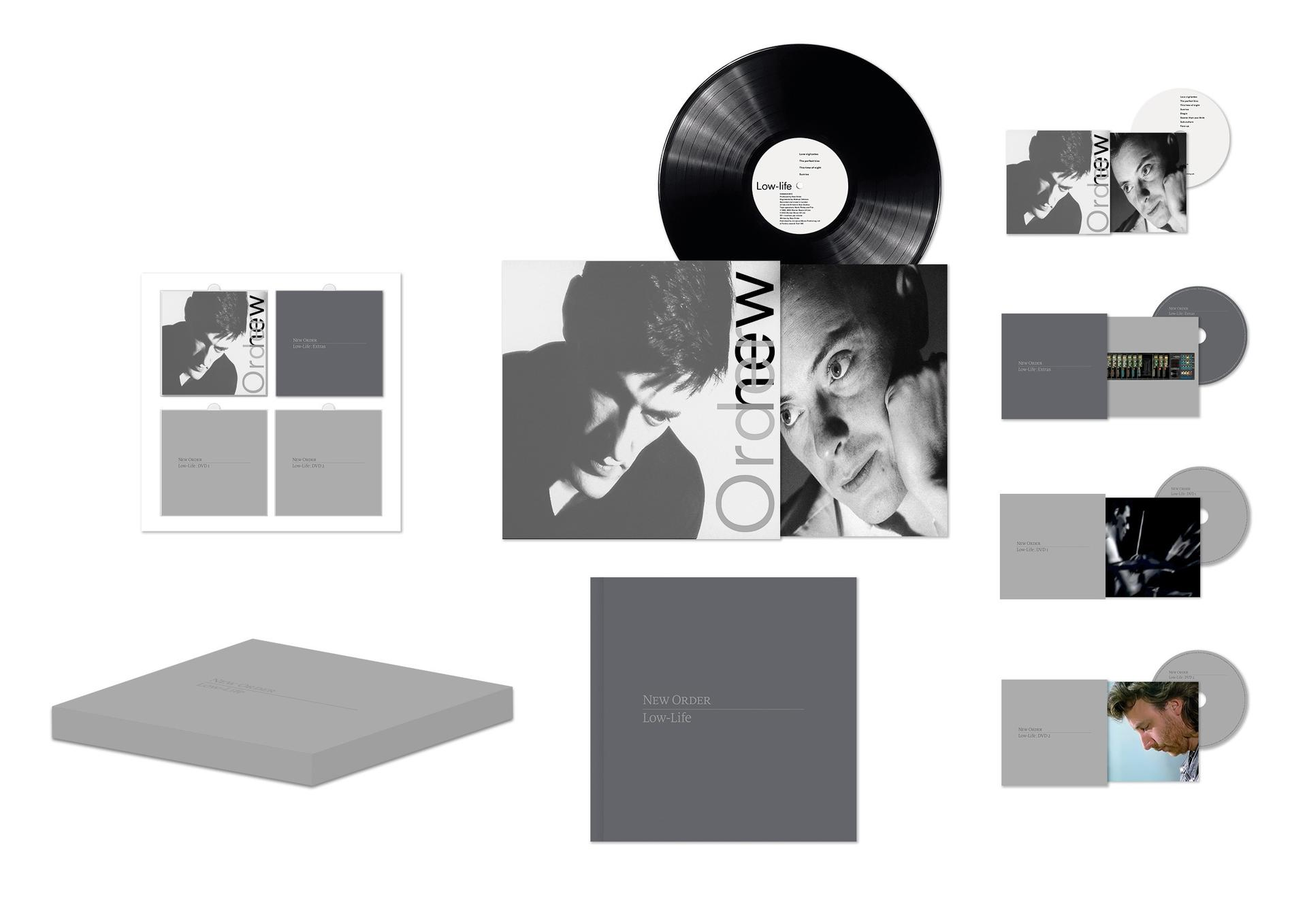 Vinyl-Schallplatte und Albumcover. New Order Album-Kunst. Mehrere Artikel.