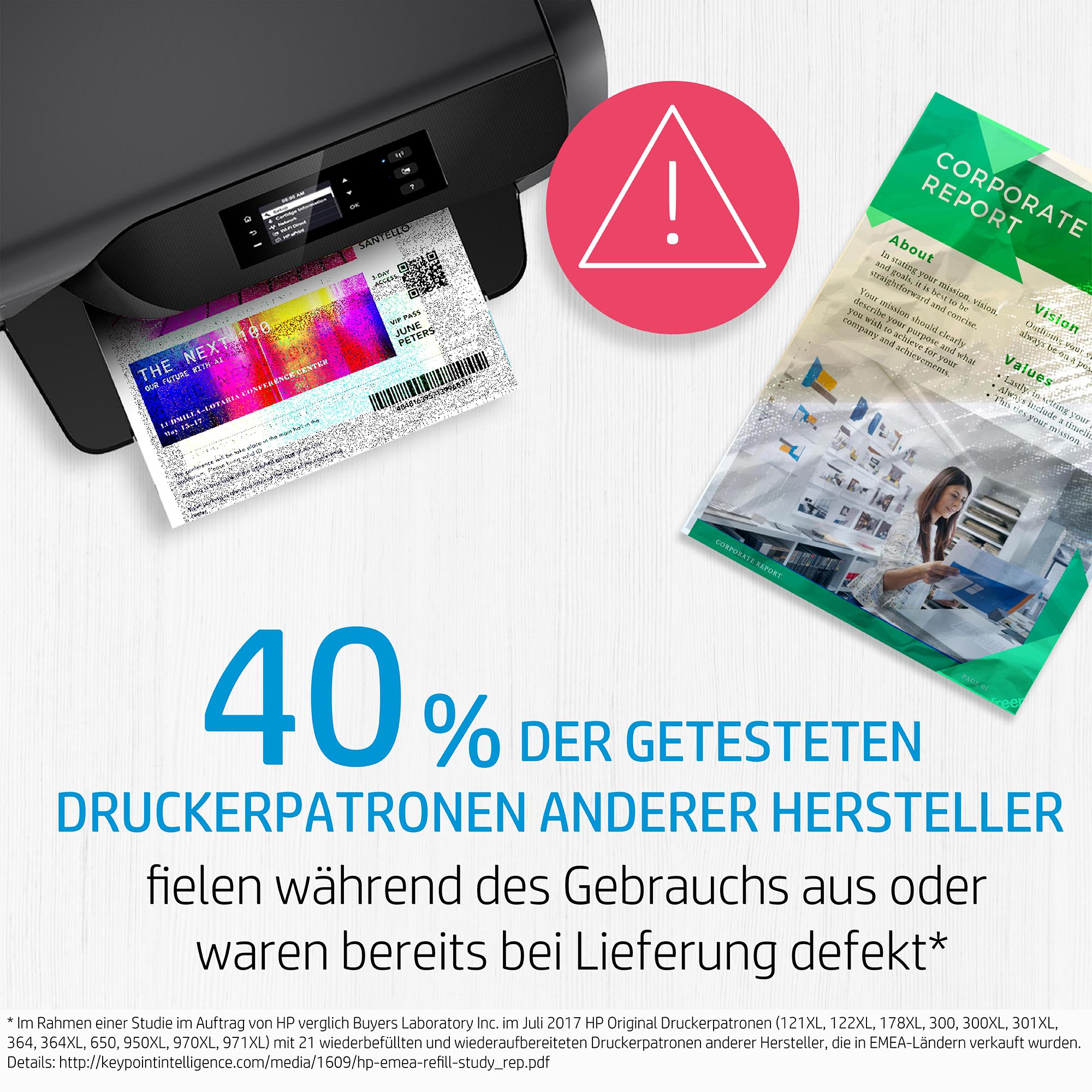 Ein Drucker, der ein Dokument druckt. Ein rotes Vorsichtssymbol. Der Text lautet '40% der anderen Druckerpatronen fielen aus'.