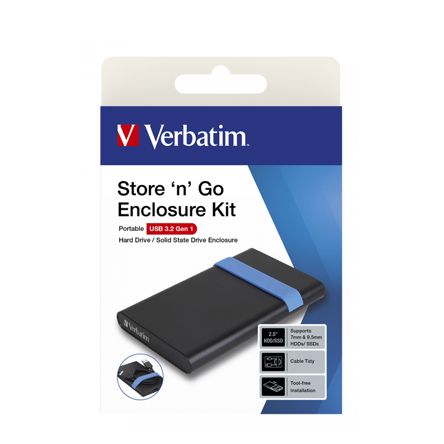 Mavi vurgulu şeritli Verbatim harici sabit disk kutusu kiti ambalajı.