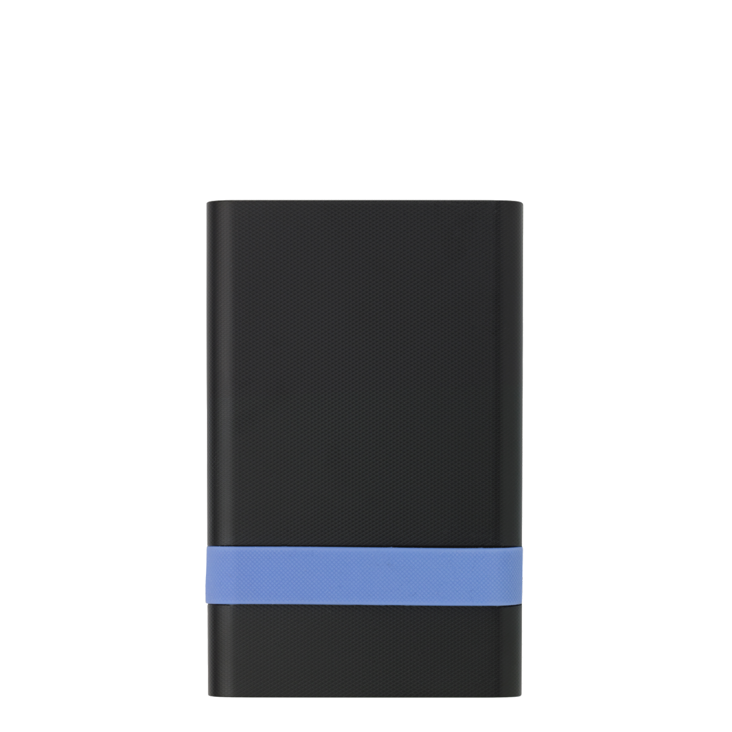 Siyah arka plan üzerinde mavi kayışlı siyah bir güç bankası.