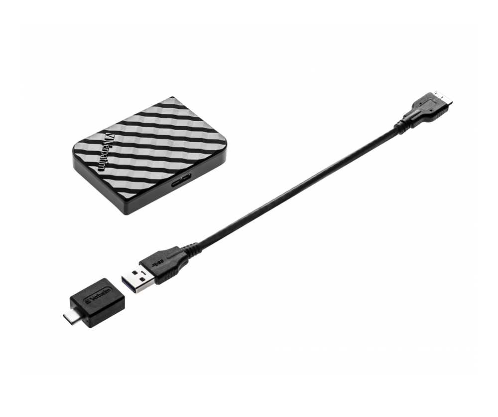 Siyah ve gümüş Verbatim harici sabit disk, USB kablosu ve konektör.