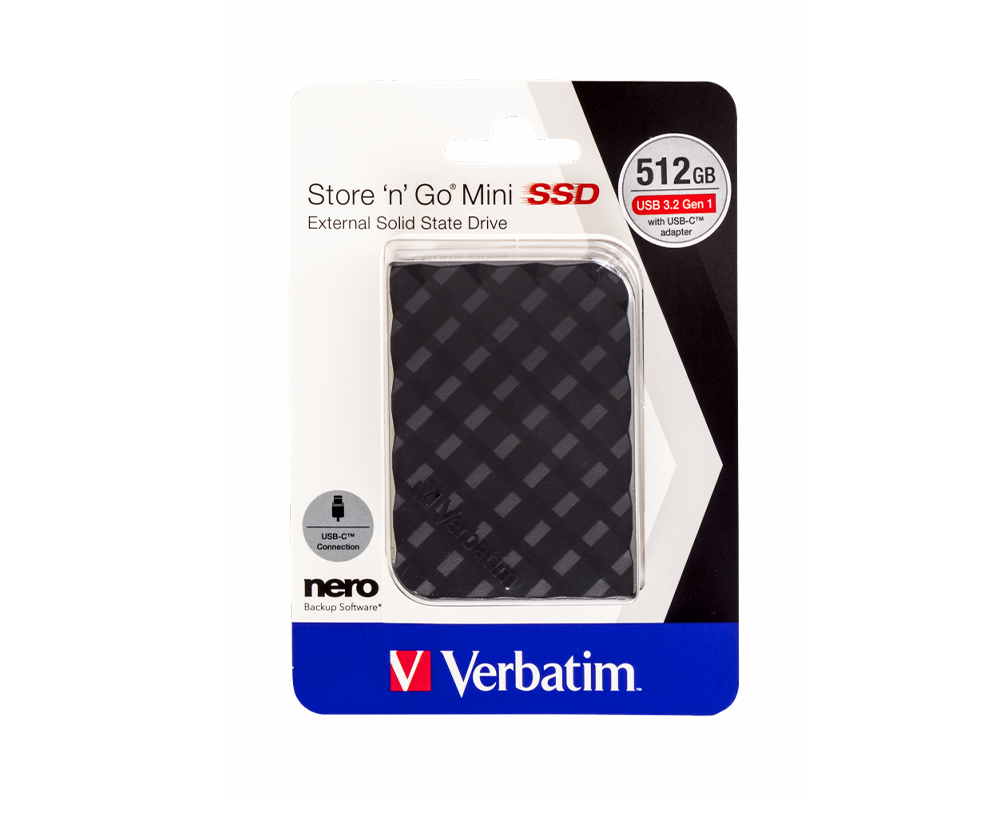 Verbatim Store 'n' Go Mini SSD paketi. SSD, ızgara desenli ve USB-C bağlantılı siyahtır.