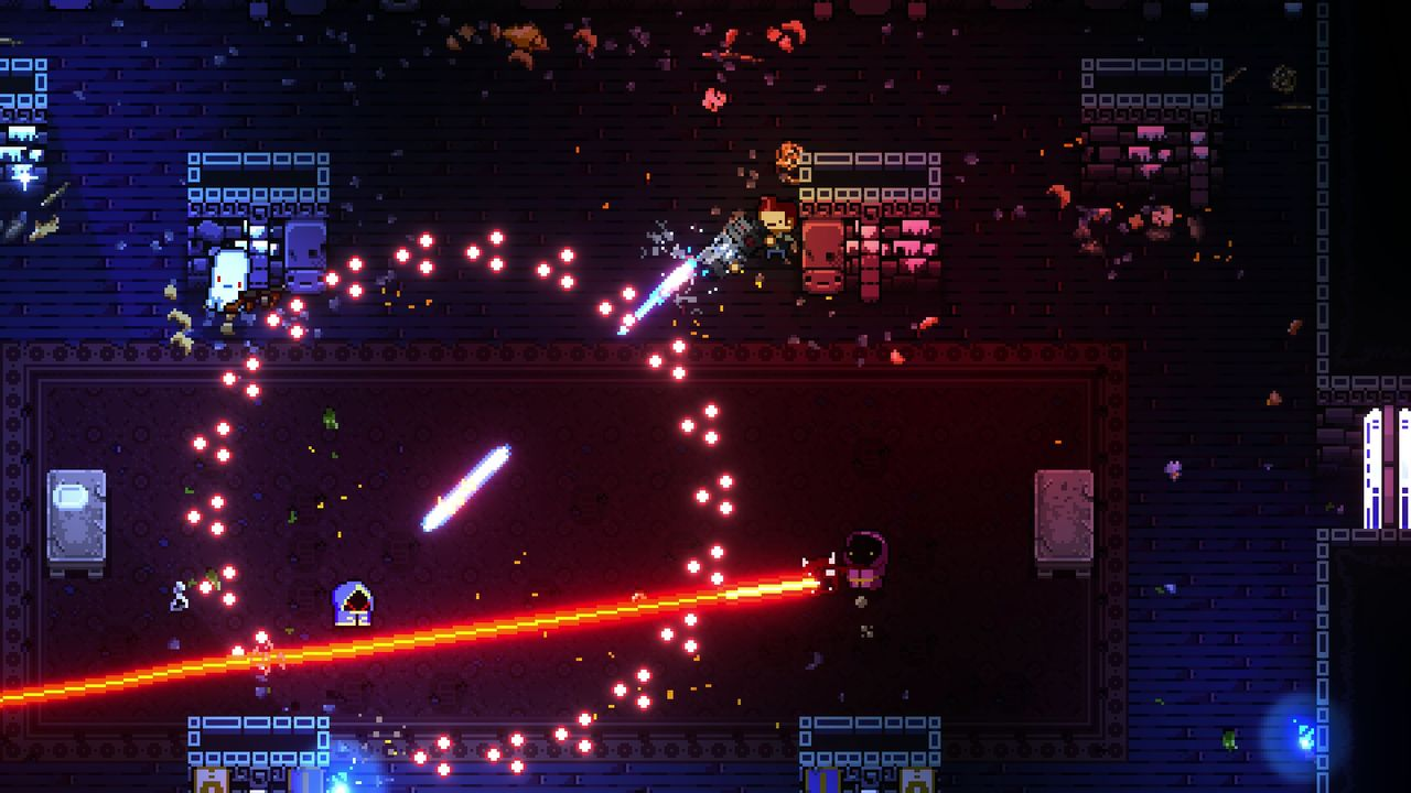 Draufsicht auf eine verpixelte Spielszene mit Charakteren, die Laser abfeuern.