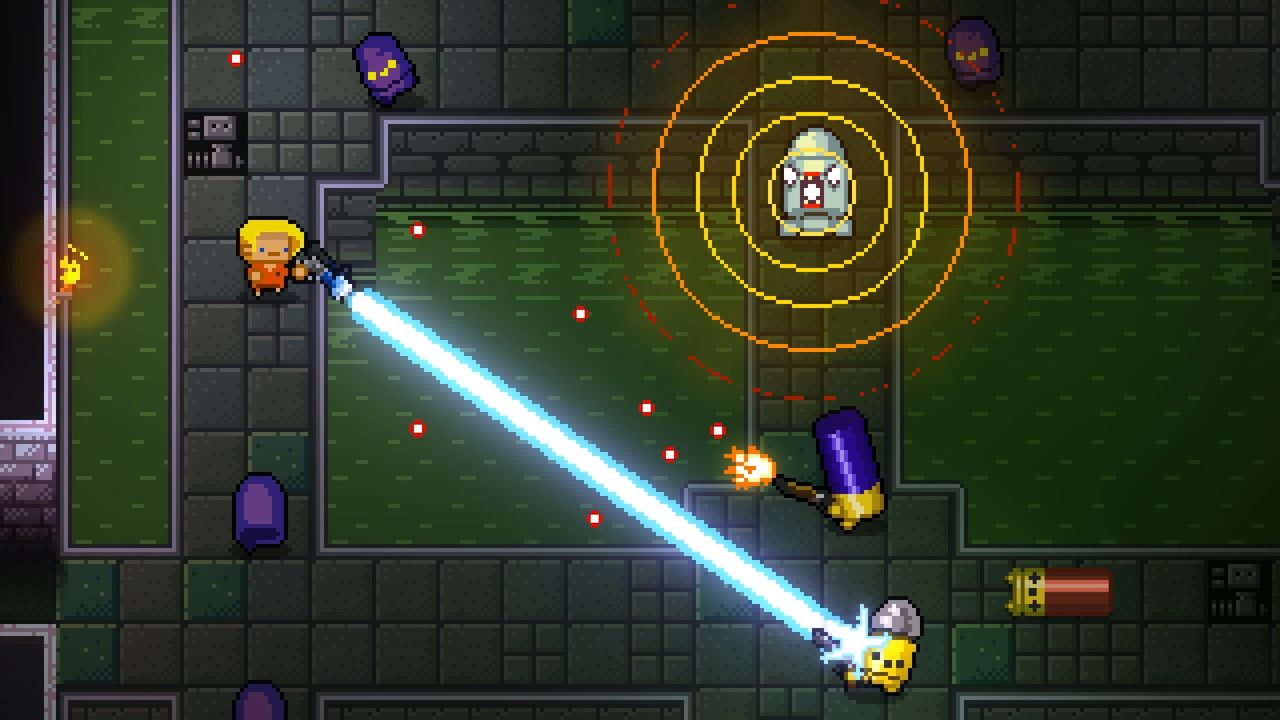 Pixel-Art-Szene von oben. Eine Figur schießt einen blauen Strahl auf Feinde in einem Dungeon.