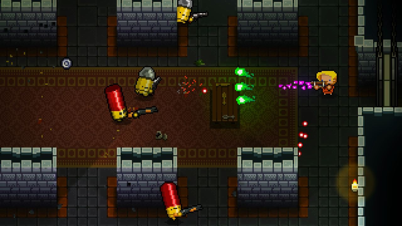 Pixelkunst-Szene: Charaktere schießen, eine Schatztruhe, dunkler Hintergrund.