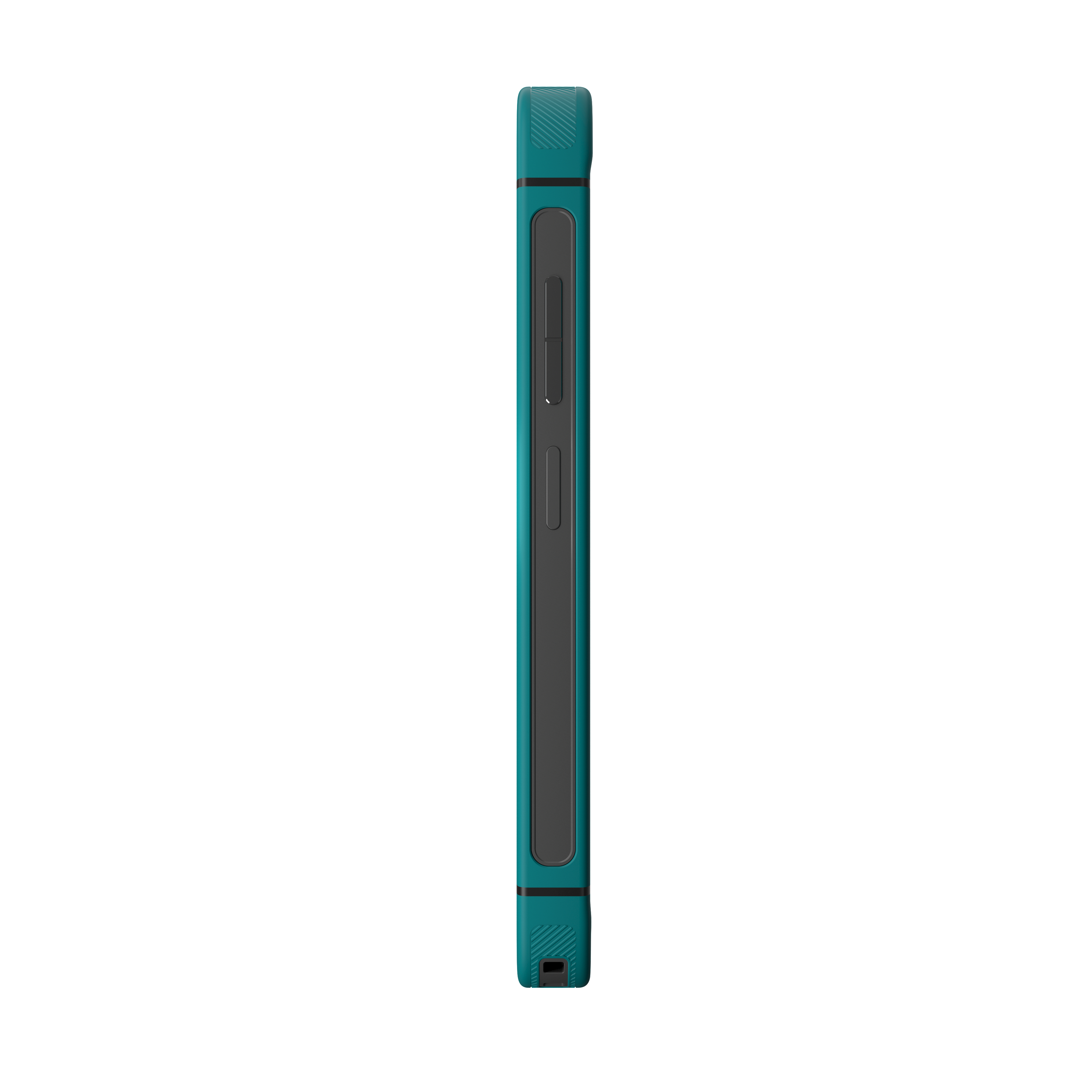 Eine tealfarbene Smartphone-Hülle mit einem schwarzen Streifen an der Seite.