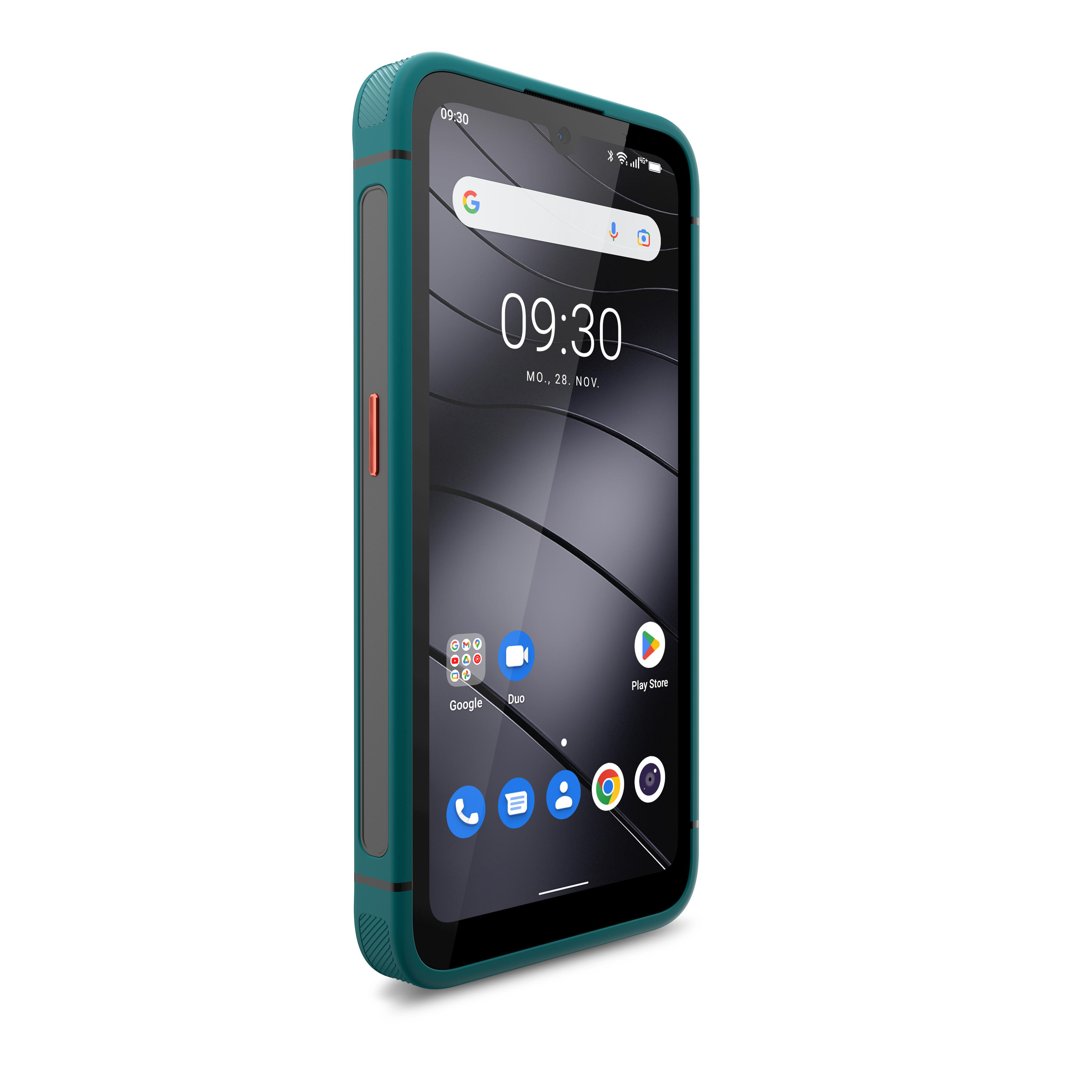 Ein türkis-farbenes Smartphone, das die Uhrzeit auf dem Bildschirm anzeigt. Es hat ein robustes Design.
