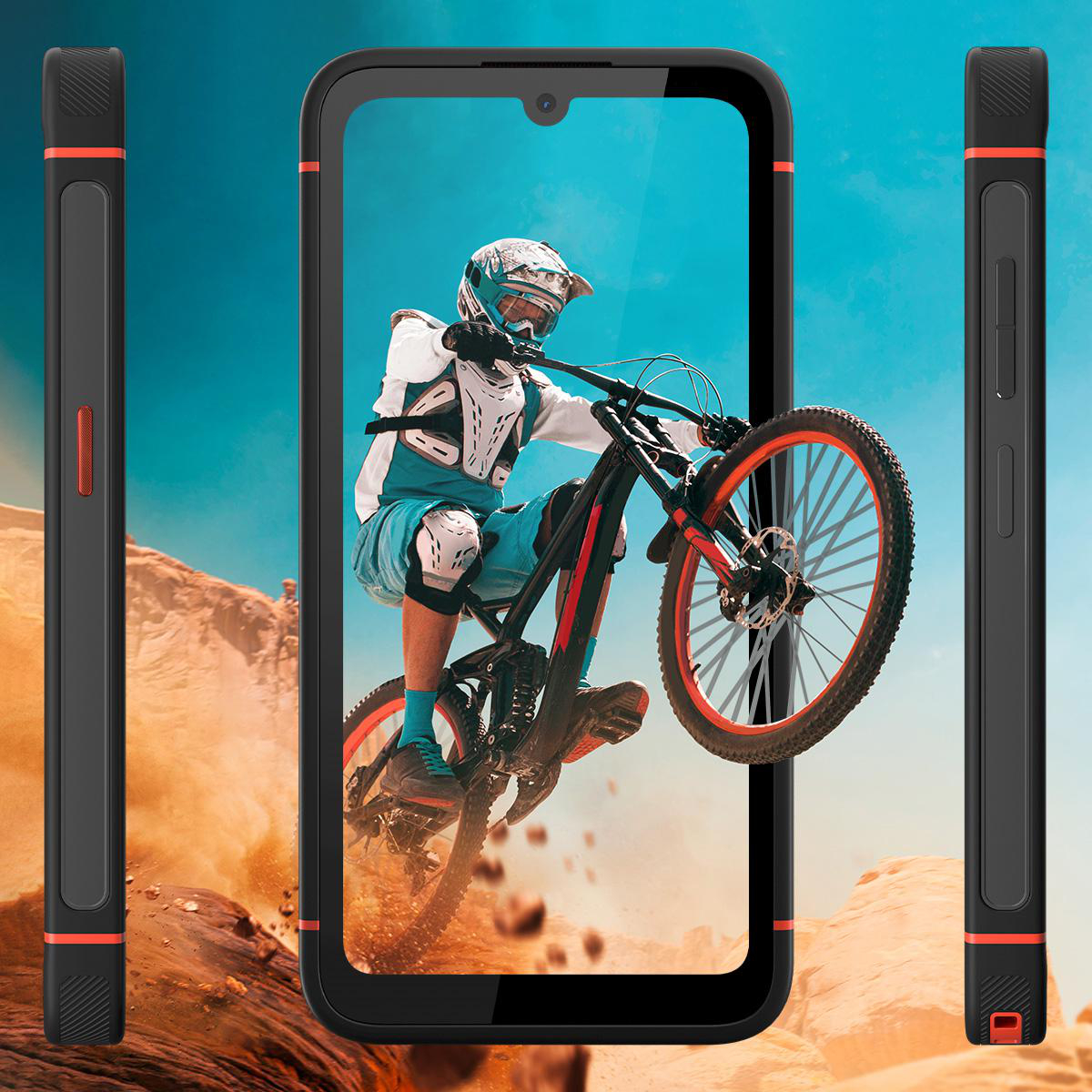 Ein Smartphone, das einen Biker auf einem Mountainbike anzeigt, mit sichtbaren Seiten des Telefons.