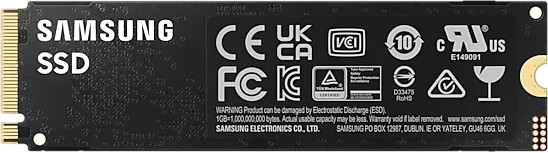 SSD Samsung. Noir avec texte blanc. Divers logos, dont CE, FCC et RoHS.
