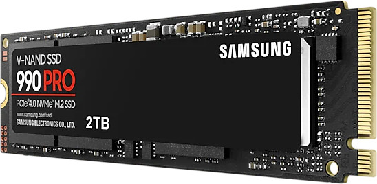 Afbeelding toont een zwarte, rechthoekige SSD met de merknaam Samsung.