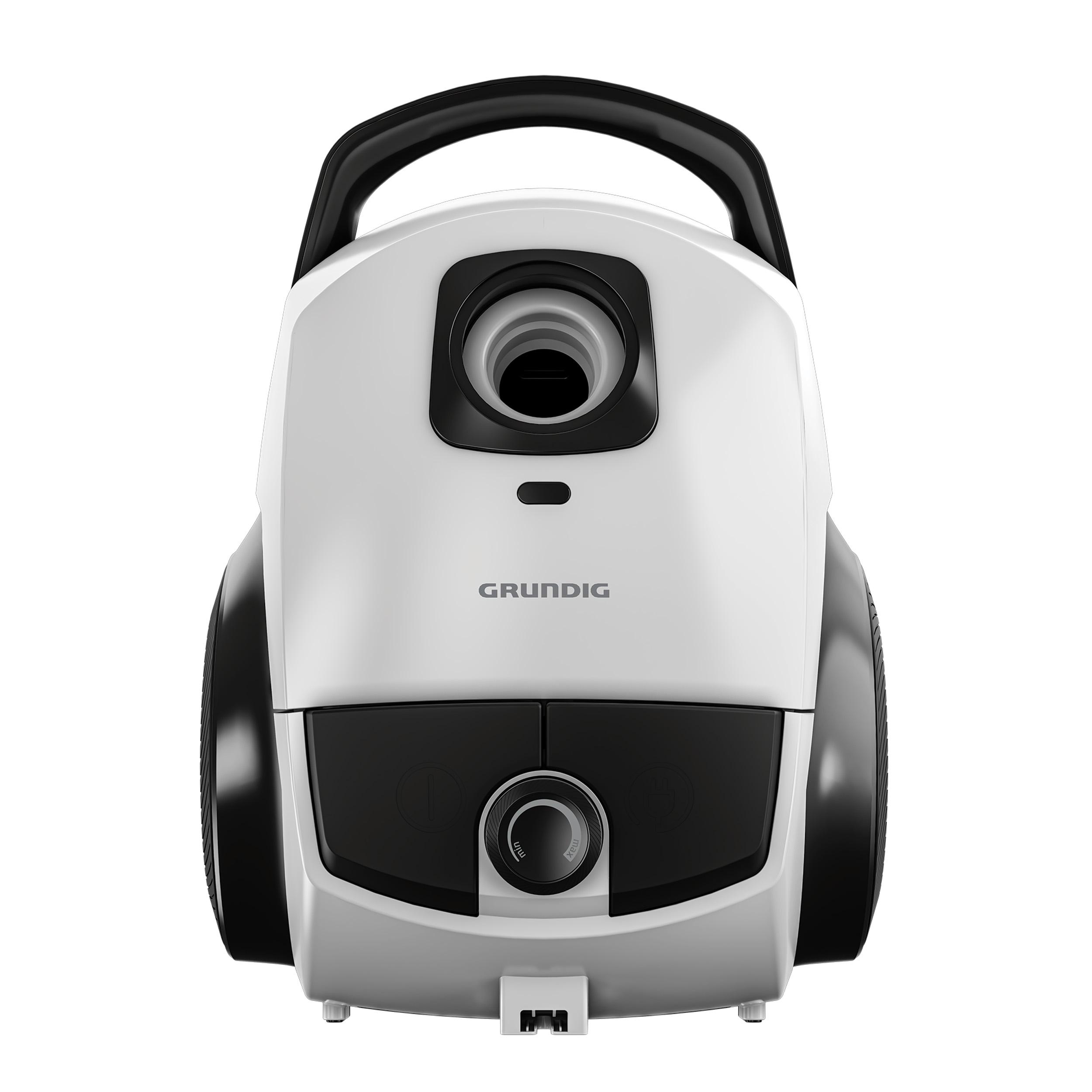 Ein weißer Grundig Staubsauger. Er hat schwarze Räder und einen schwarzen Griff.