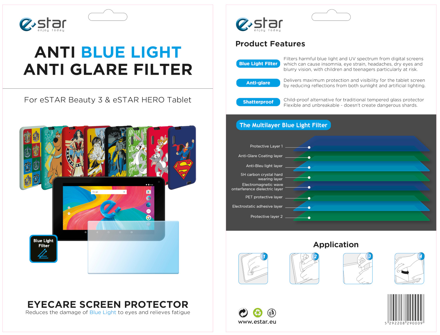Verpakking van een anti-blauwlichtschermbeschermer met een tablet en een gelaagd filterdiagram.