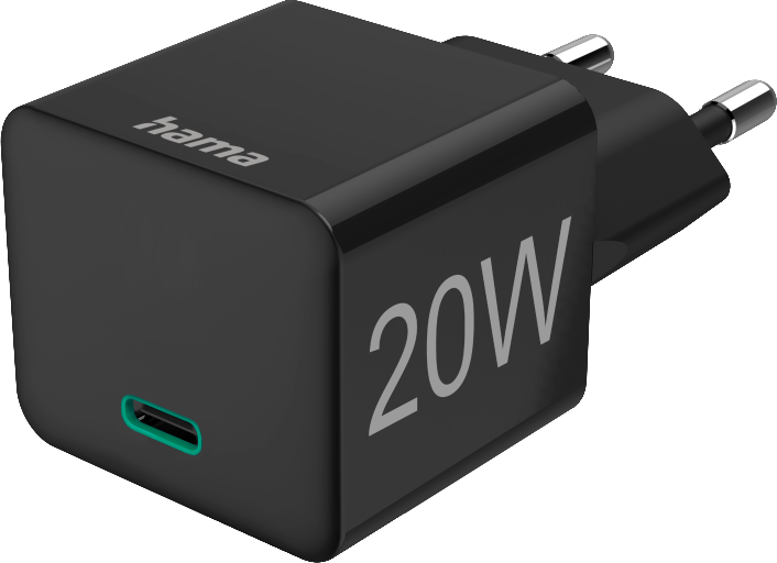 Un chargeur mural Hama noir de 20W avec un port USB-C. Le chargeur a une forme carrée et deux broches.