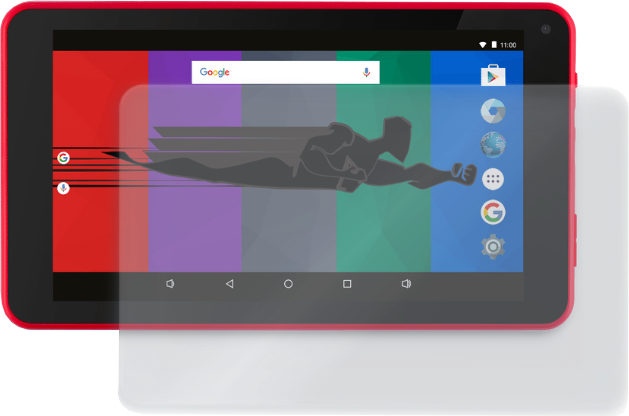 Tablet met een schermbeschermer. De tablet is rood en heeft een superheldengrafiek op het scherm.