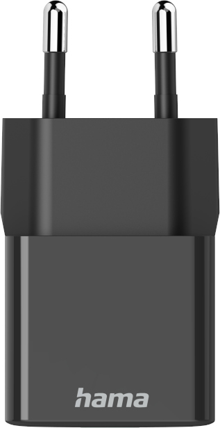 Chargeur USB Hama noir. Deux broches métalliques en haut. Texte Hama en bas.