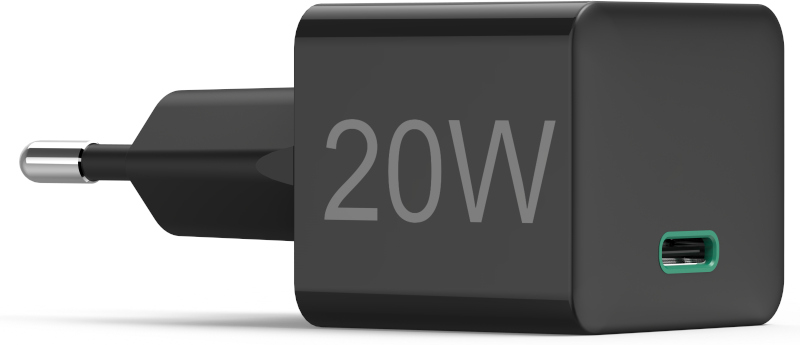 Chargeur USB-C noir de 20W avec le texte 20W.