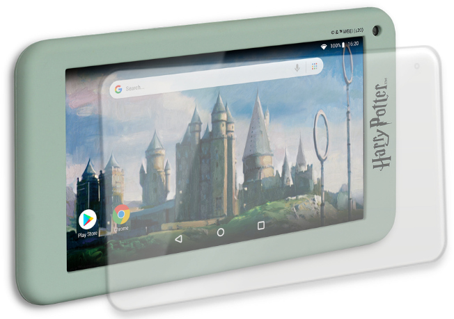 Een tablet met een schermbeschermer. Toont een Harry Potter-thema met een kasteelachtergrond en Google-zoekbalk.
