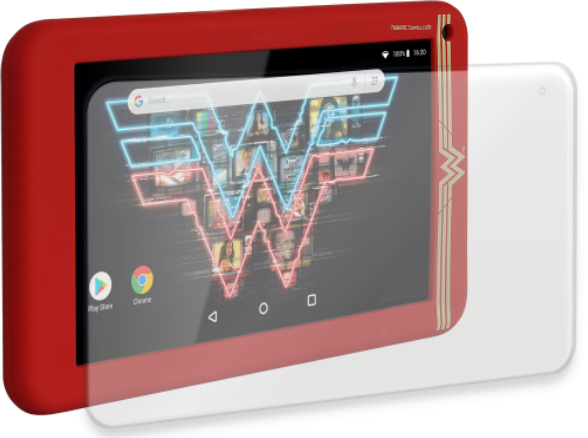 Wonder Woman-tablet in een rode hoes. Het scherm toont apps en het Wonder Woman-logo.
