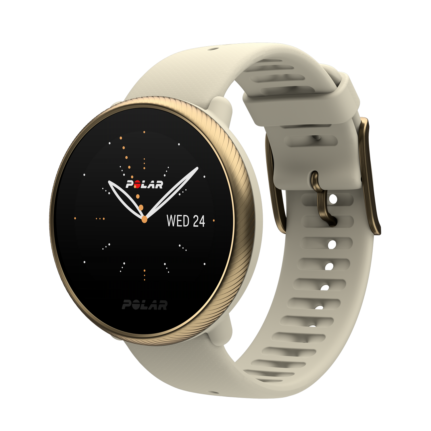 Polar smartwatch met een witte band en gouden accenten. De wijzerplaat toont de datum, dag en een logo.