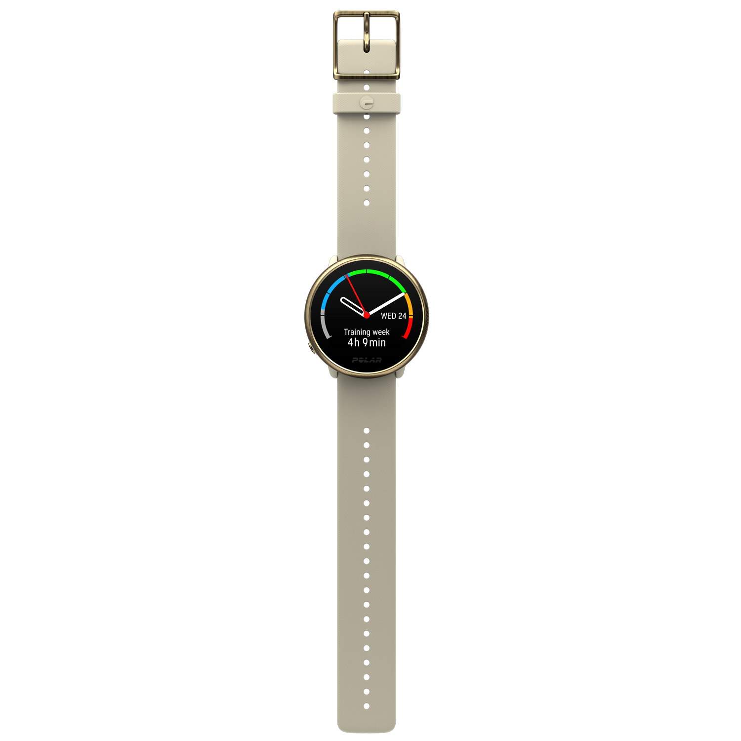 Een beige smartwatch met gouden rand en gesp, toont trainingsgegevens op een grijze achtergrond.
