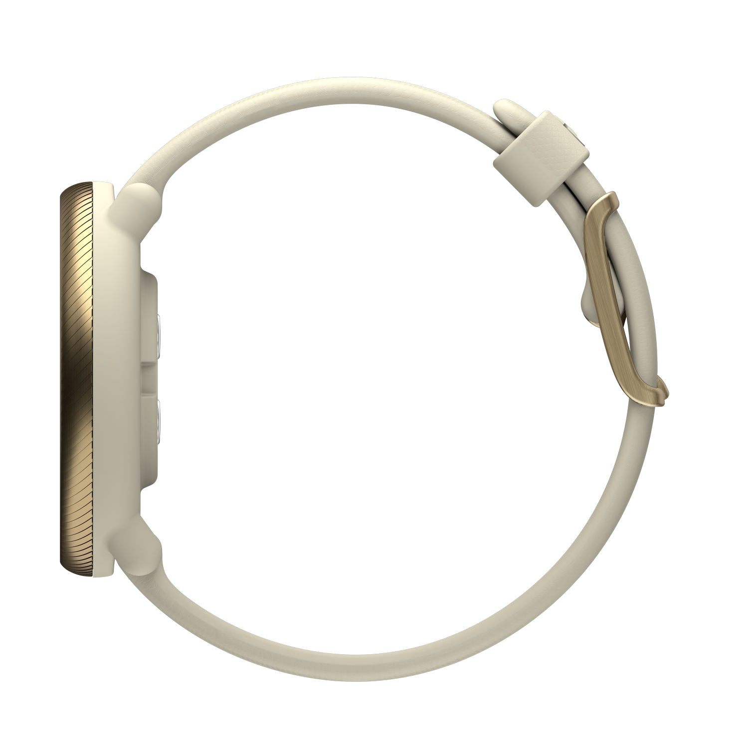 Een zijaanzicht van een witte smartwatch met een gouden rand.