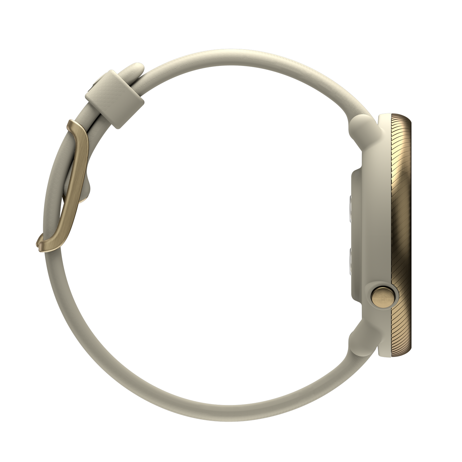 Zijaanzicht van een beige smartwatch met een goudkleurige lunette en gesp.