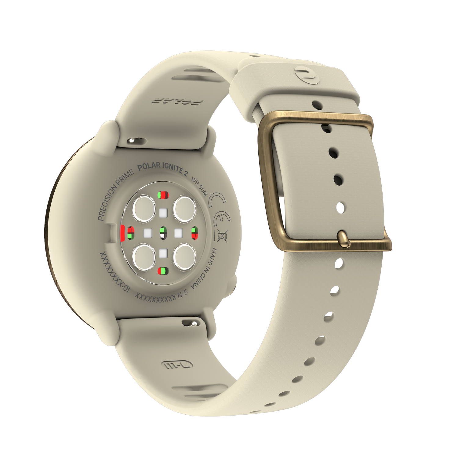 Achterkant van een smartwatch, met bandje en sensordetails.