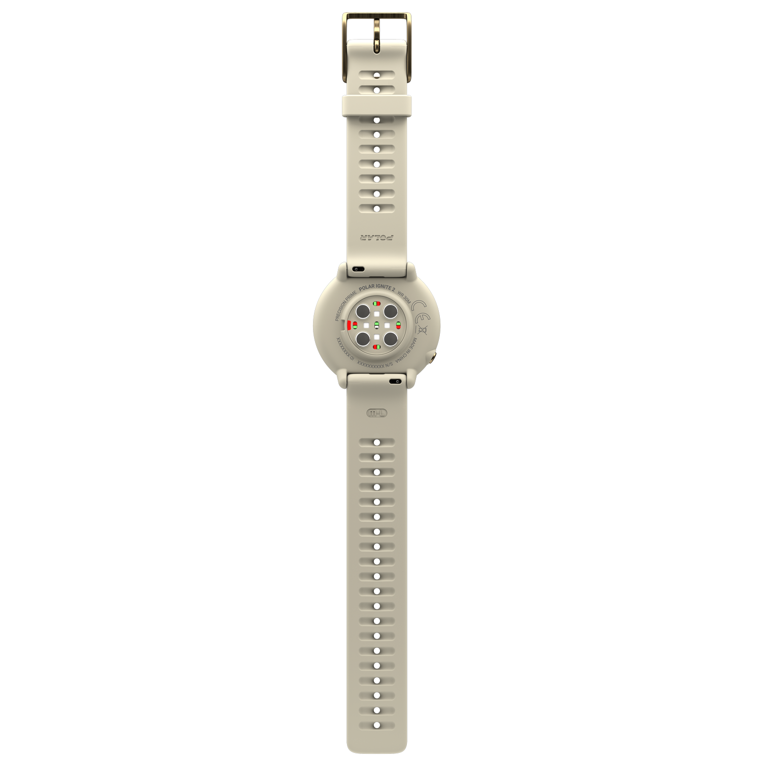 Achterkant van een Polar Ignite 2 smartwatch. Het heeft een crèmekleurige band en cirkelvormige sensoren. Een gouden gesp is te zien.