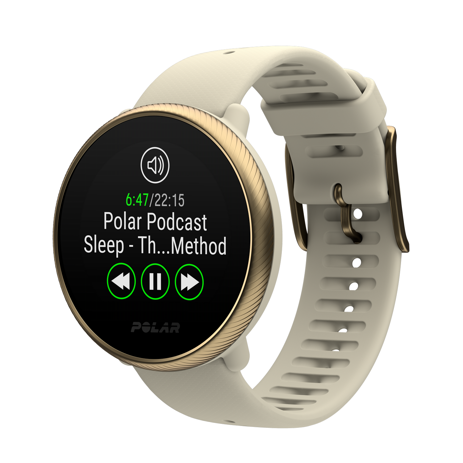 Een smartwatch met een crèmekleurige band en een goudkleurig frame toont een podcast en tijd.