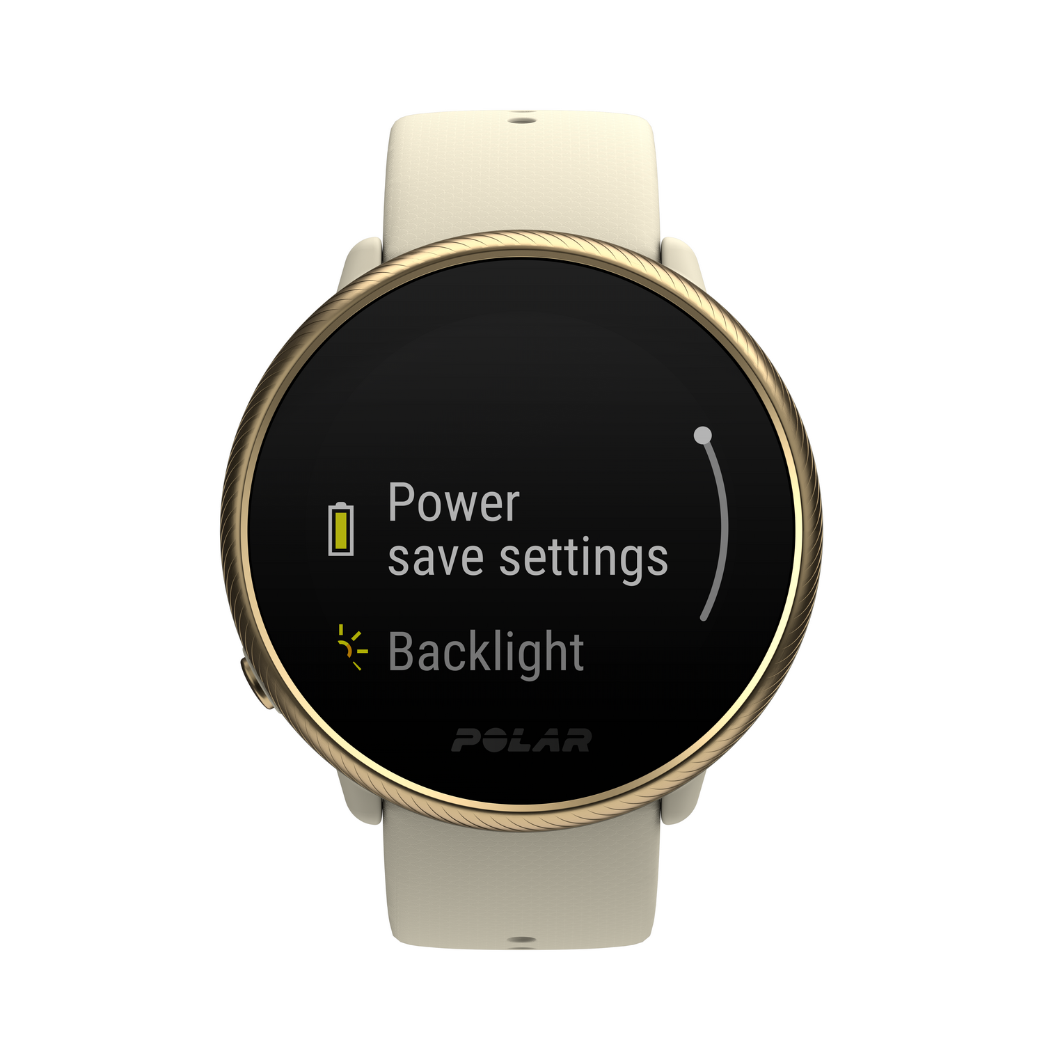 Polar smartwatch, zwart scherm met energiebesparingsinstellingen en achtergrondverlichtingsopties. Gouden rand, witte band.