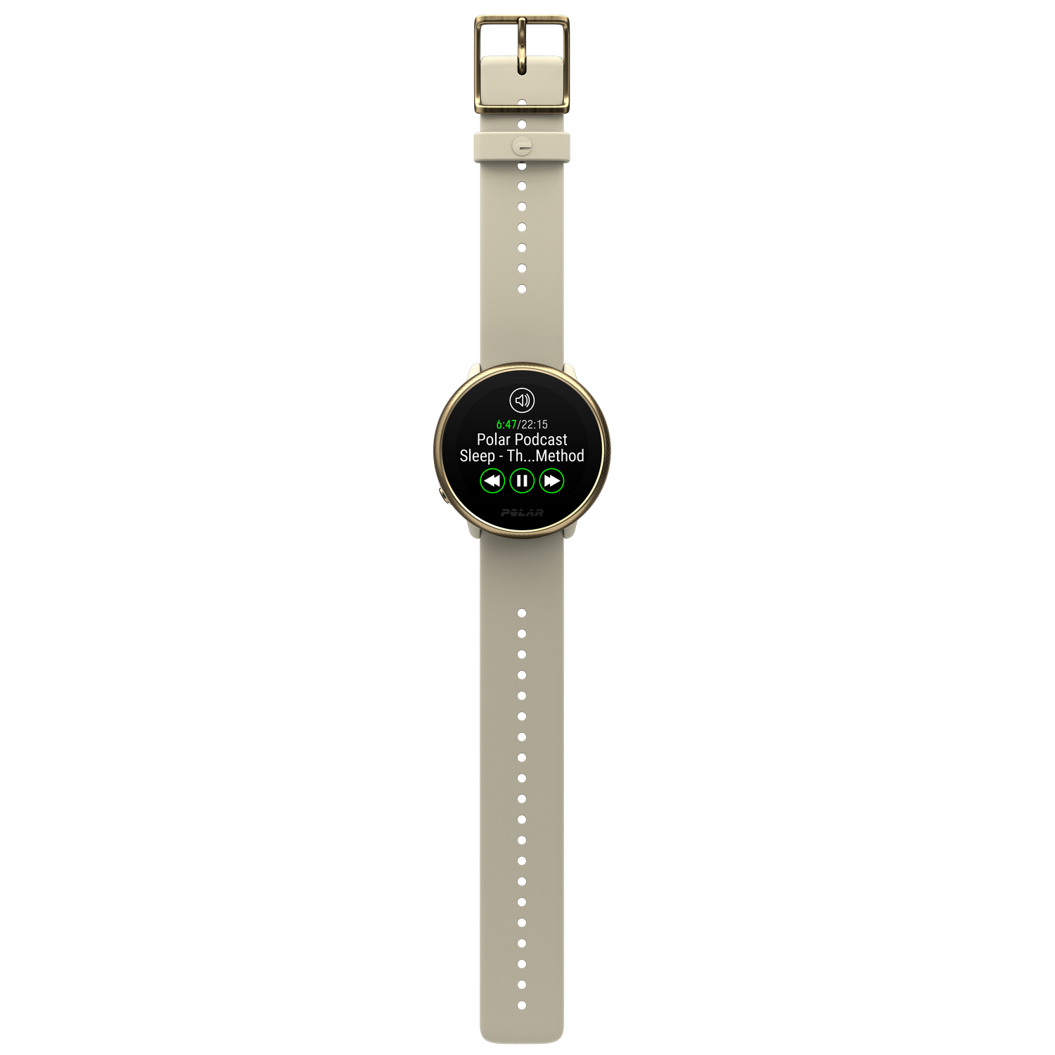 Polar smartwatch, scherm aan, beige band, gouden frame, zwarte achtergrond.