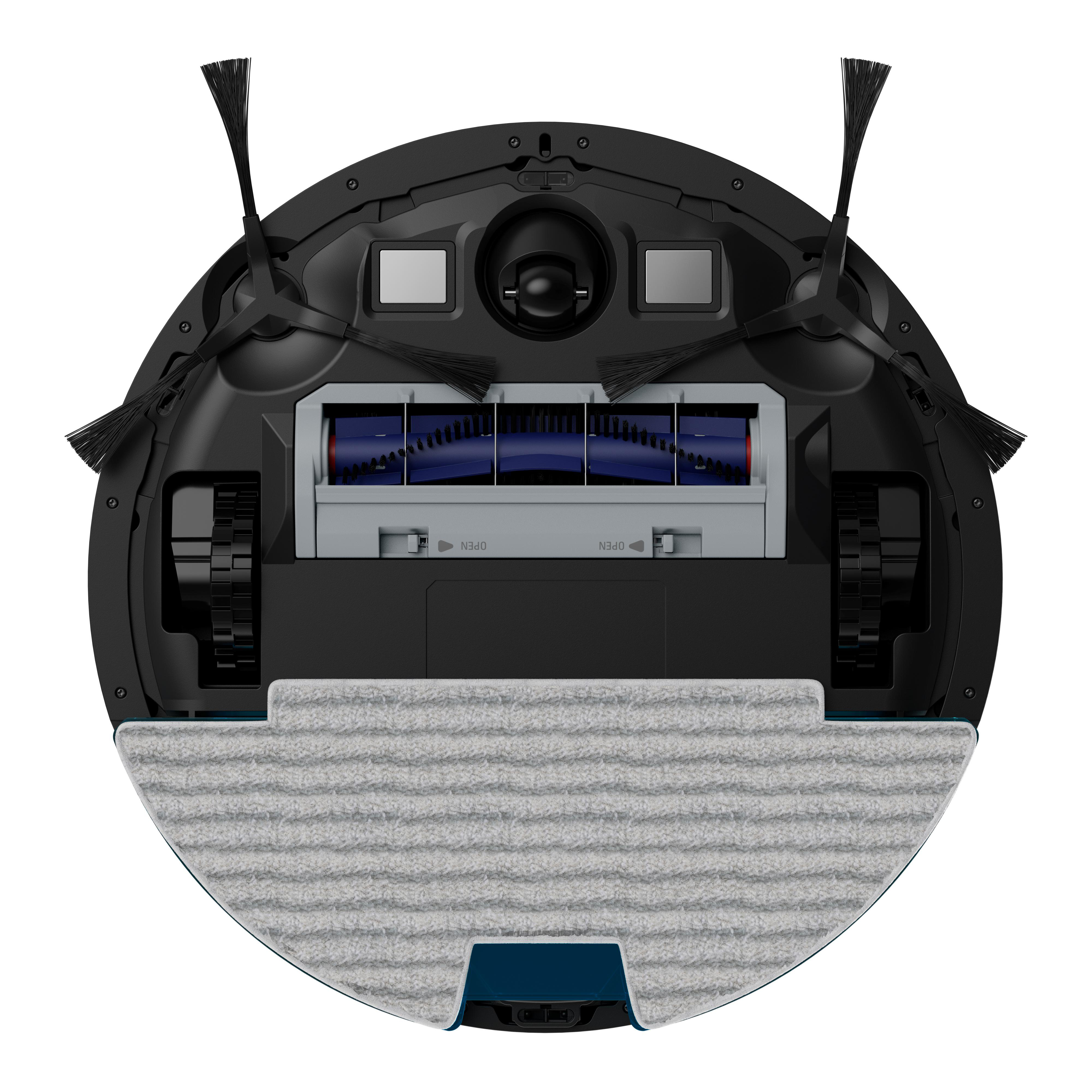 Roboter-Staubsauger: schwarzes und blaues Design, mit Bürsten, Rädern und einem Reinigungspad sichtbar.