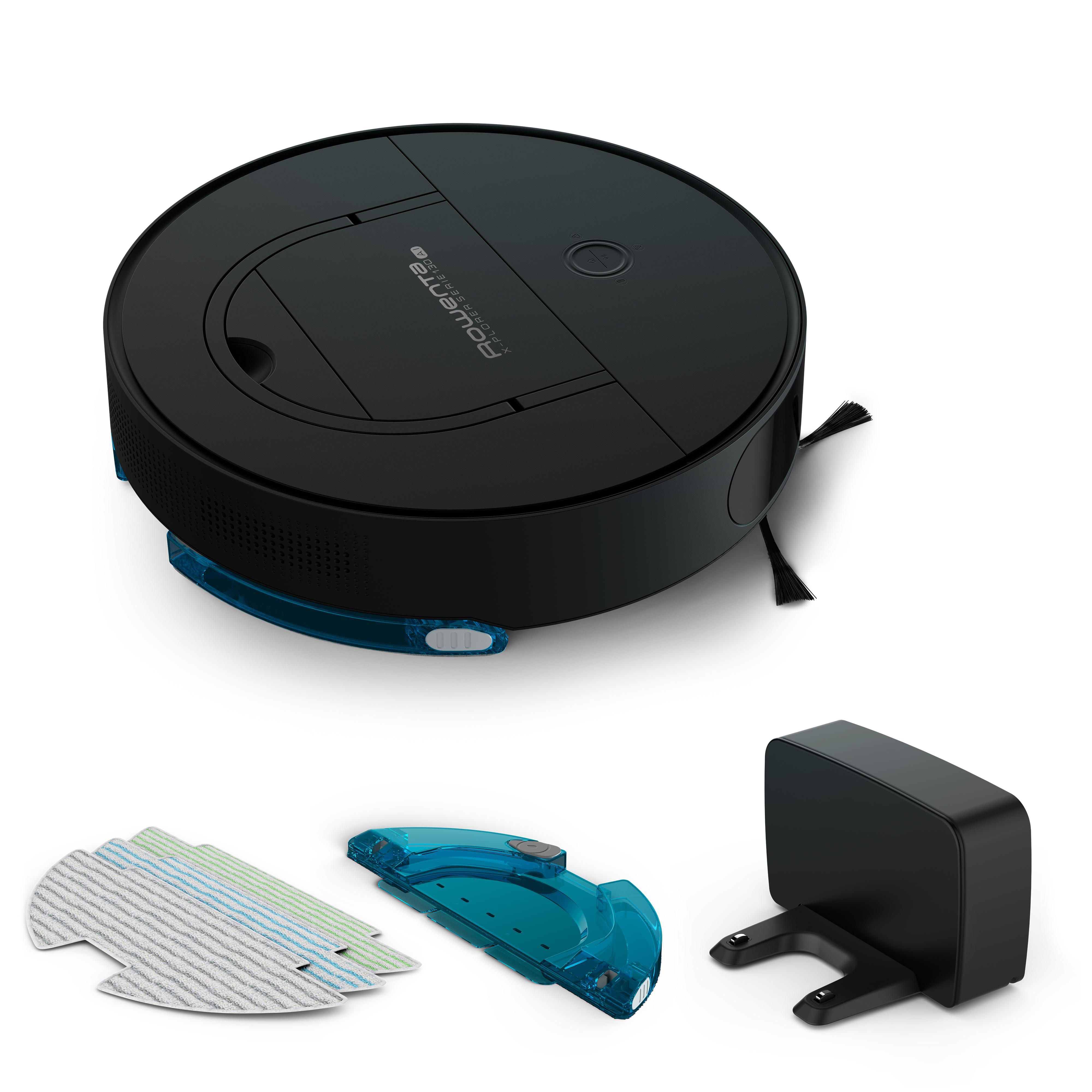 Roboter-Staubsauger mit Zubehör, schwarz und blau, auf weißem Hintergrund.