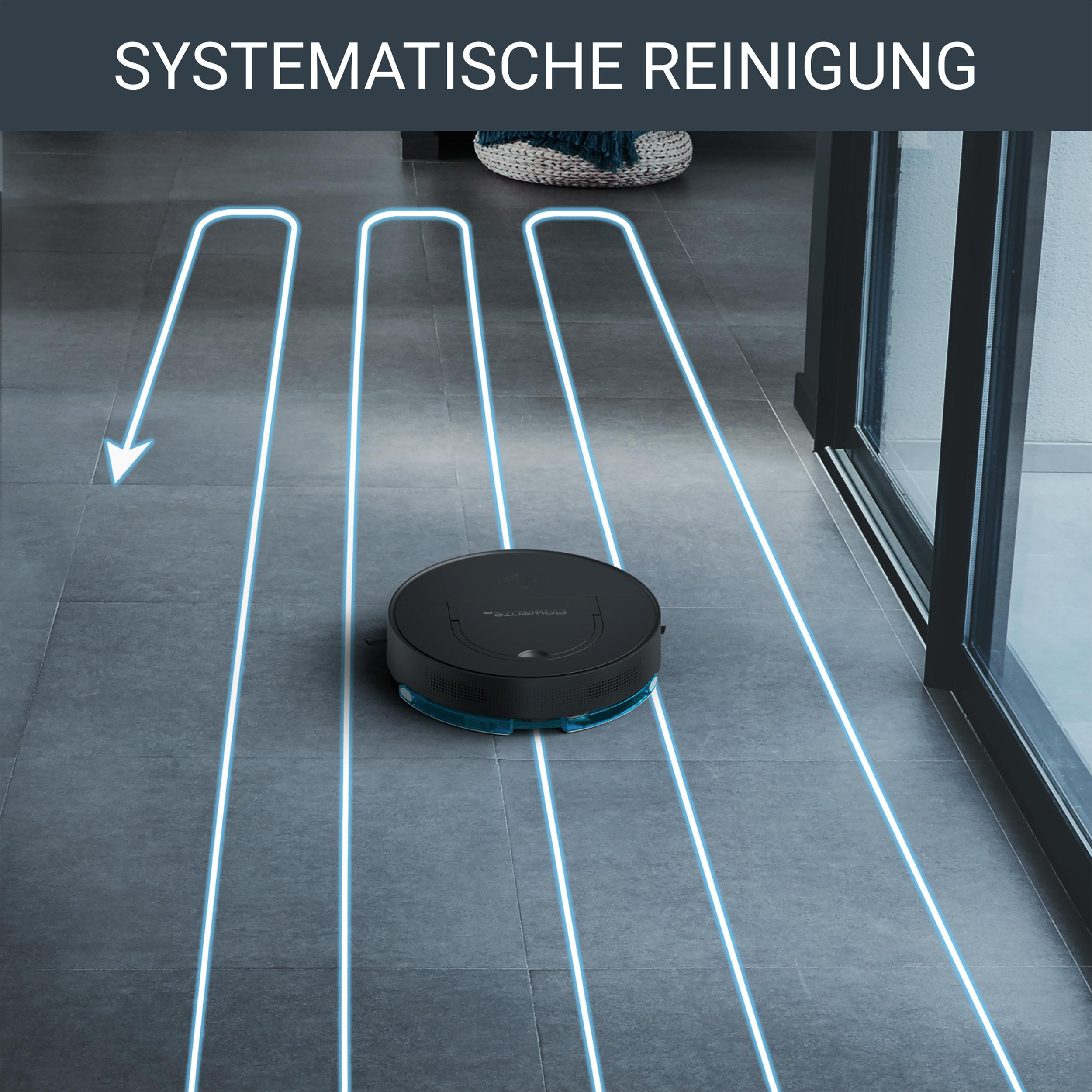 Roboter-Staubsauger reinigt einen gefliesten Boden, mit einem blauen Reinigungspfad überlagert.