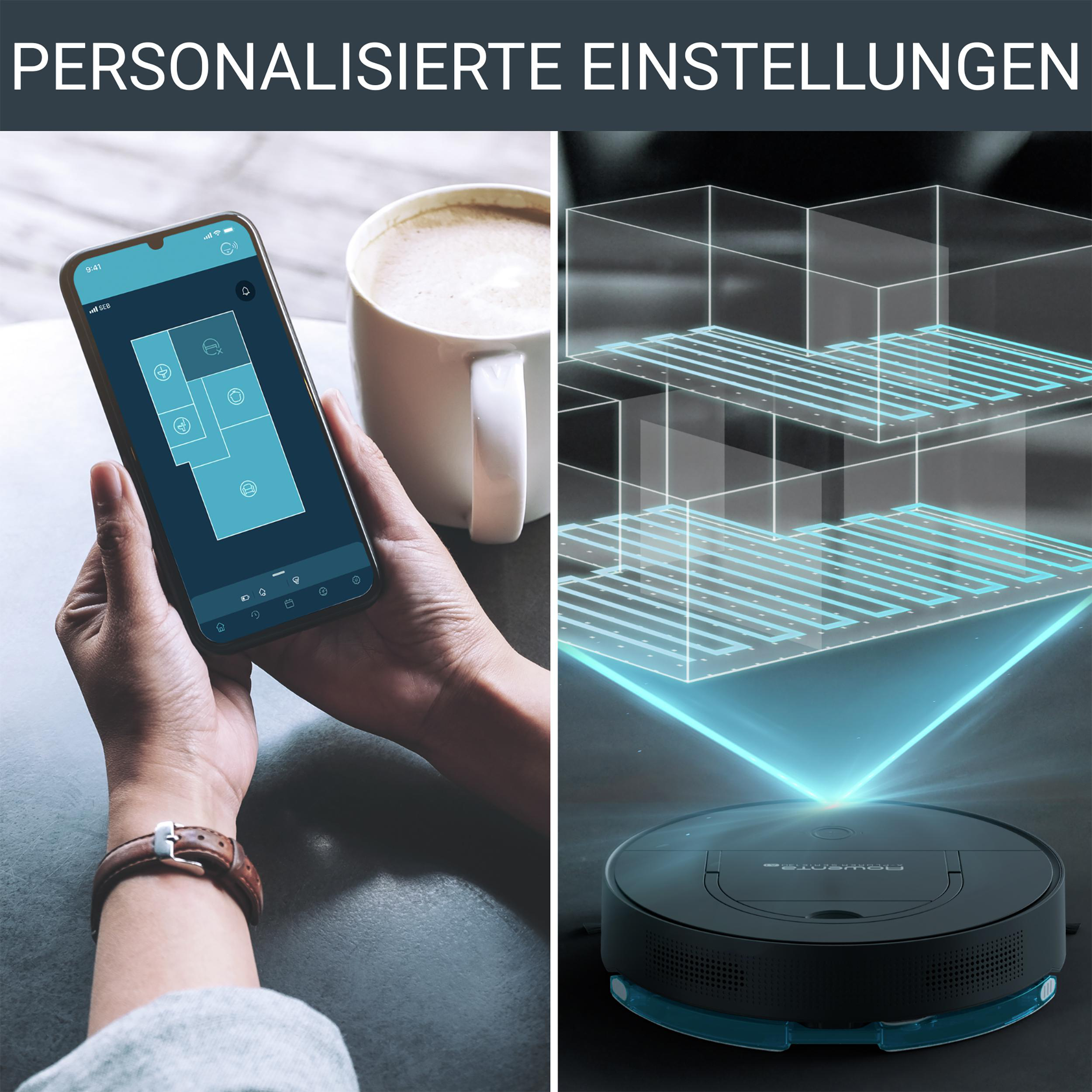 Eine Person benutzt ein Smartphone zur Steuerung eines Roboterstaubsaugers, mit Raumlayout-Diagramm.