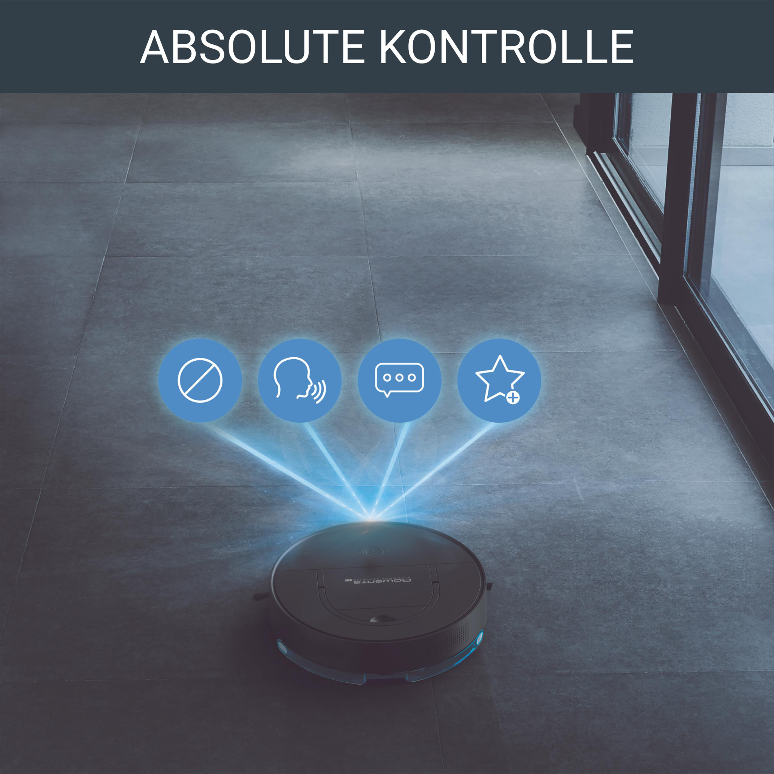 Ein Roboter-Staubsauger mit Symbolen wird gezeigt.